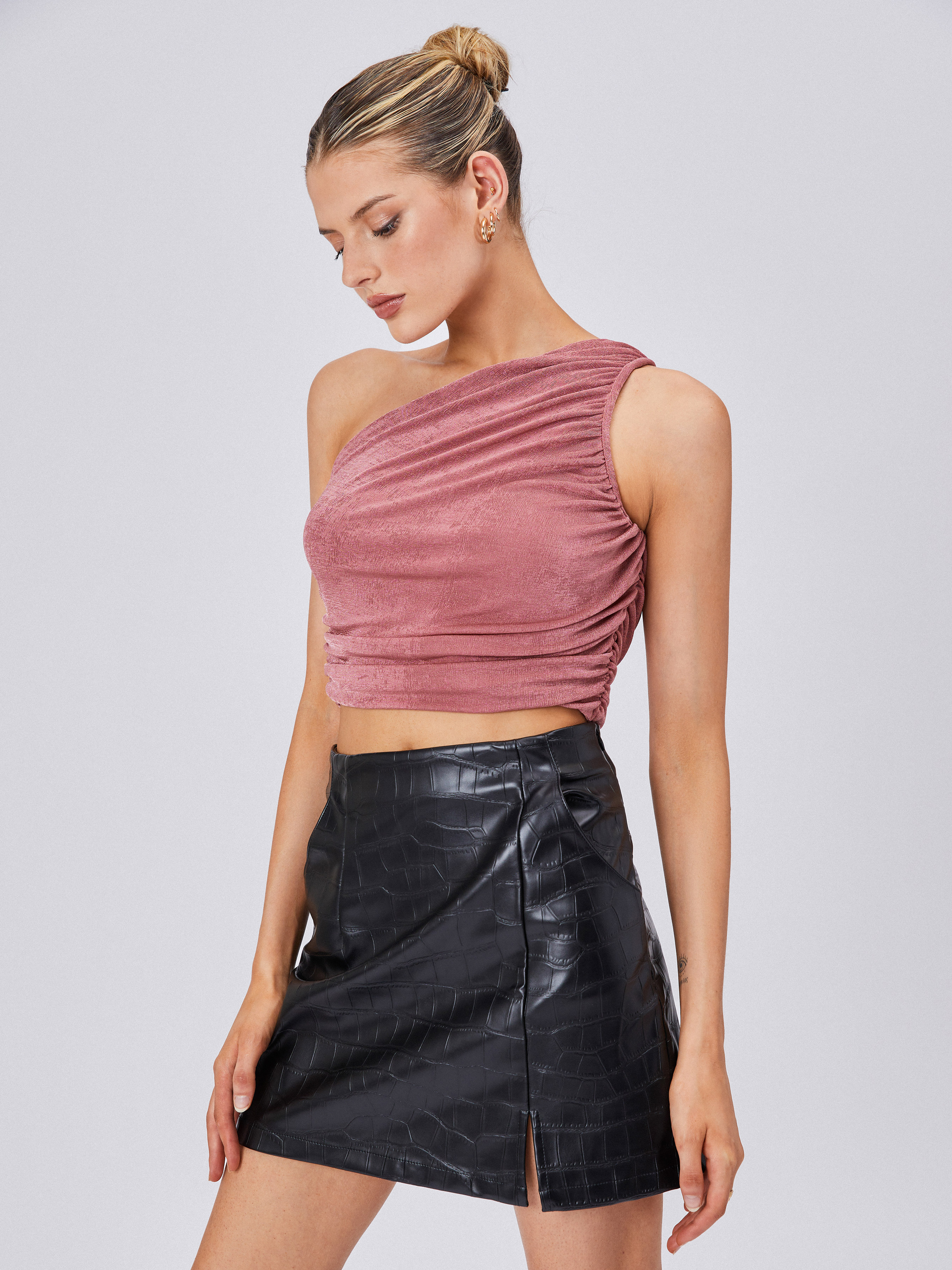 hot pink one shoulder crop top
