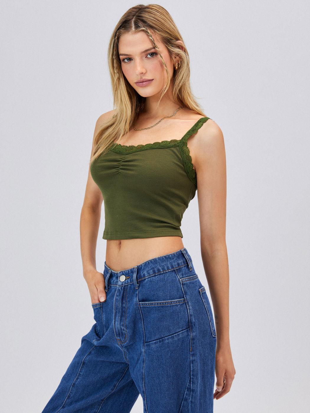 Recycled Fabric Solid Lace Trim Crop Tank Top