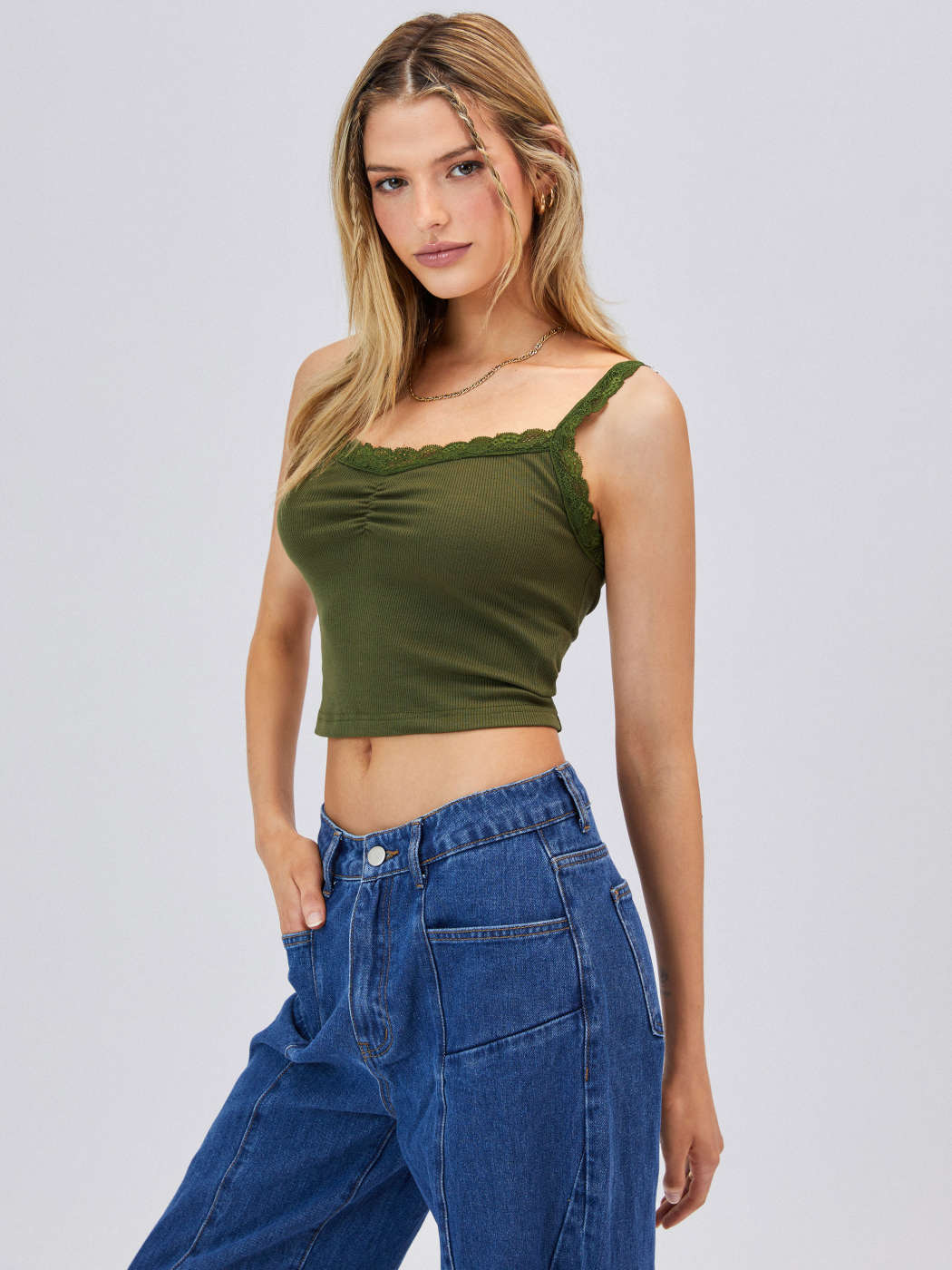 Recycled Fabric Solid Lace Trim Crop Tank Top - Cider