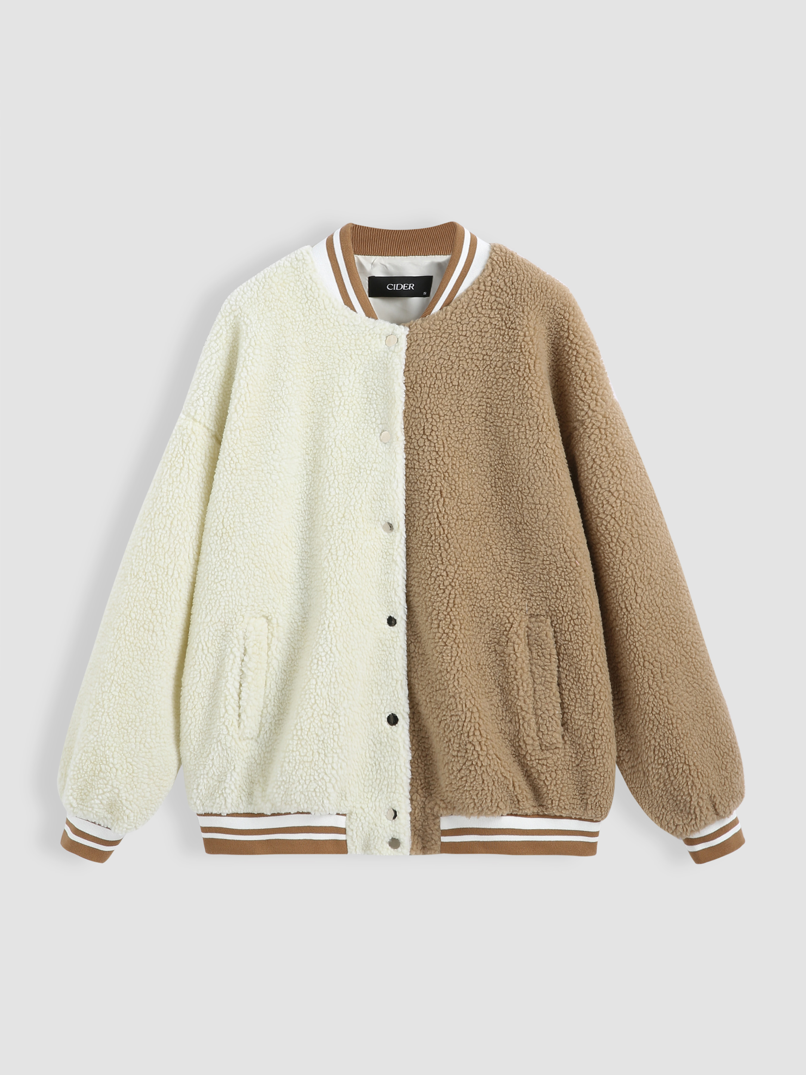 Solid Fleece Contrasting Button Up Oversized Jacket