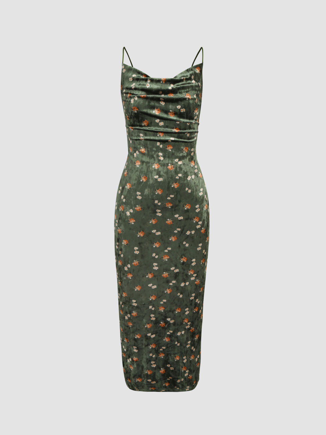 Robe longue en velours à col bénitier et motif floral