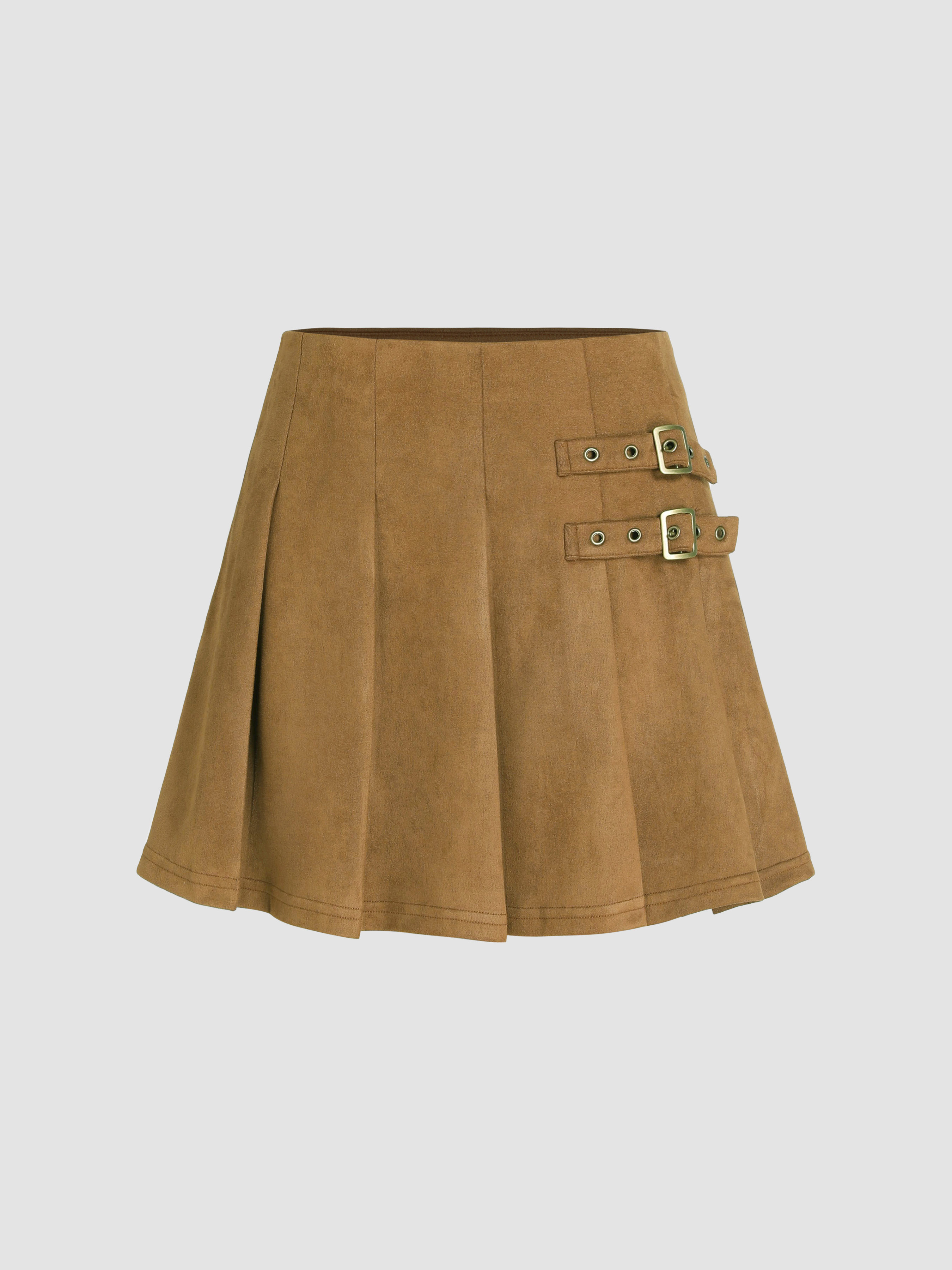 Solid Suede Pleated Short Skirt - Cider