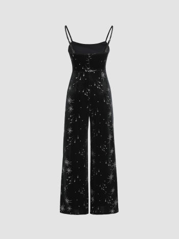 Star-print Velvet Patchwork Zipped Wide-leg Jumpsuit main image 1