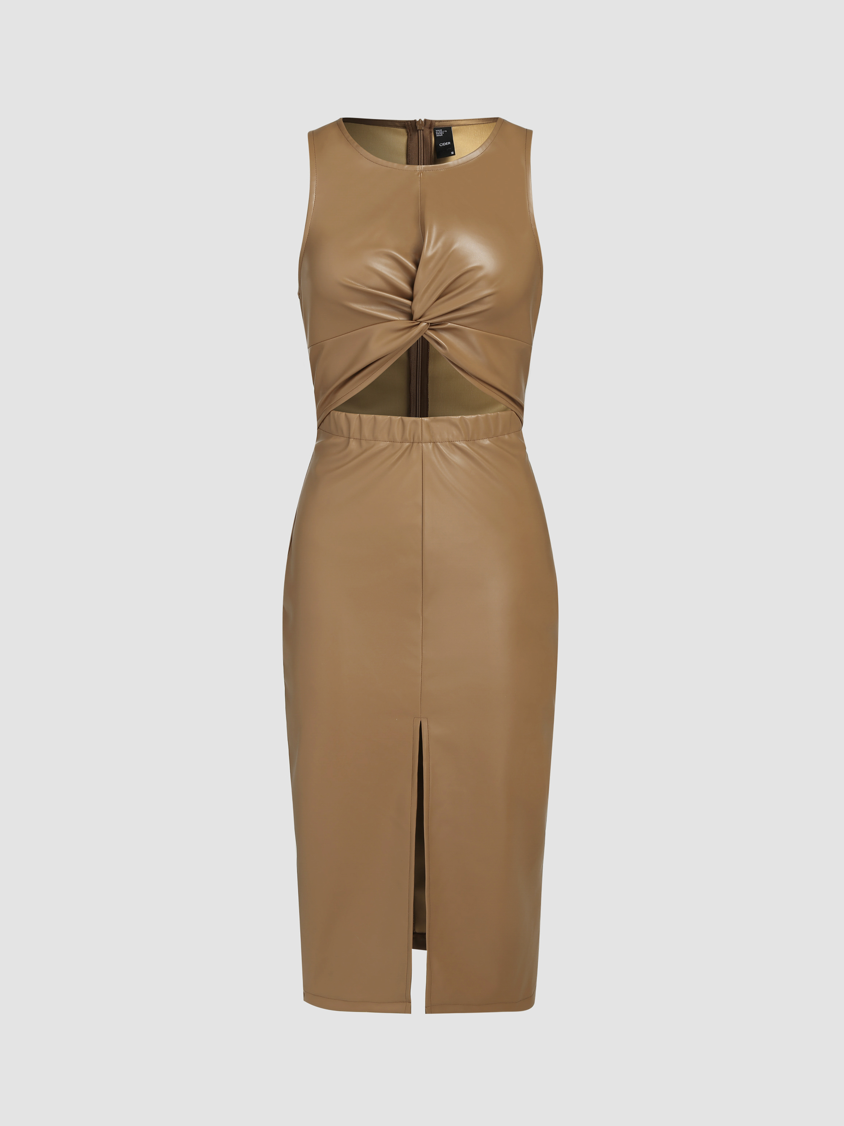 Faux Leather Cut Out Twist Split Sleeveless Midi Dress Cider