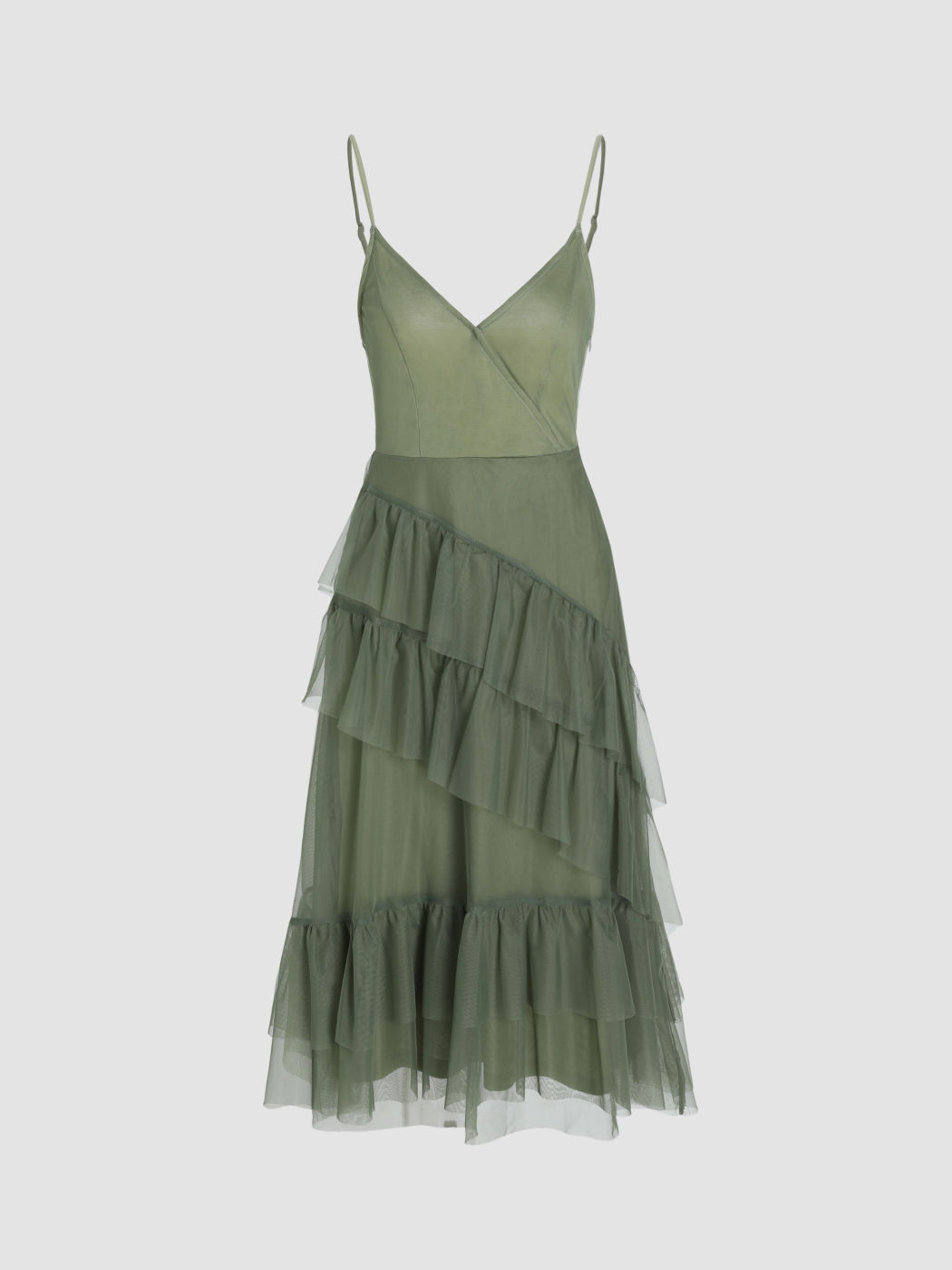 Woven V-neck Ruffle Tulle Maxi Dress