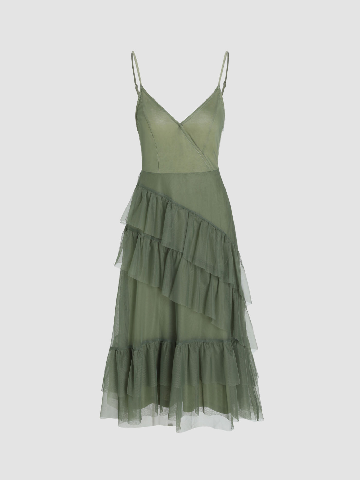 Woven V-neck Ruffle Tulle Maxi Dress