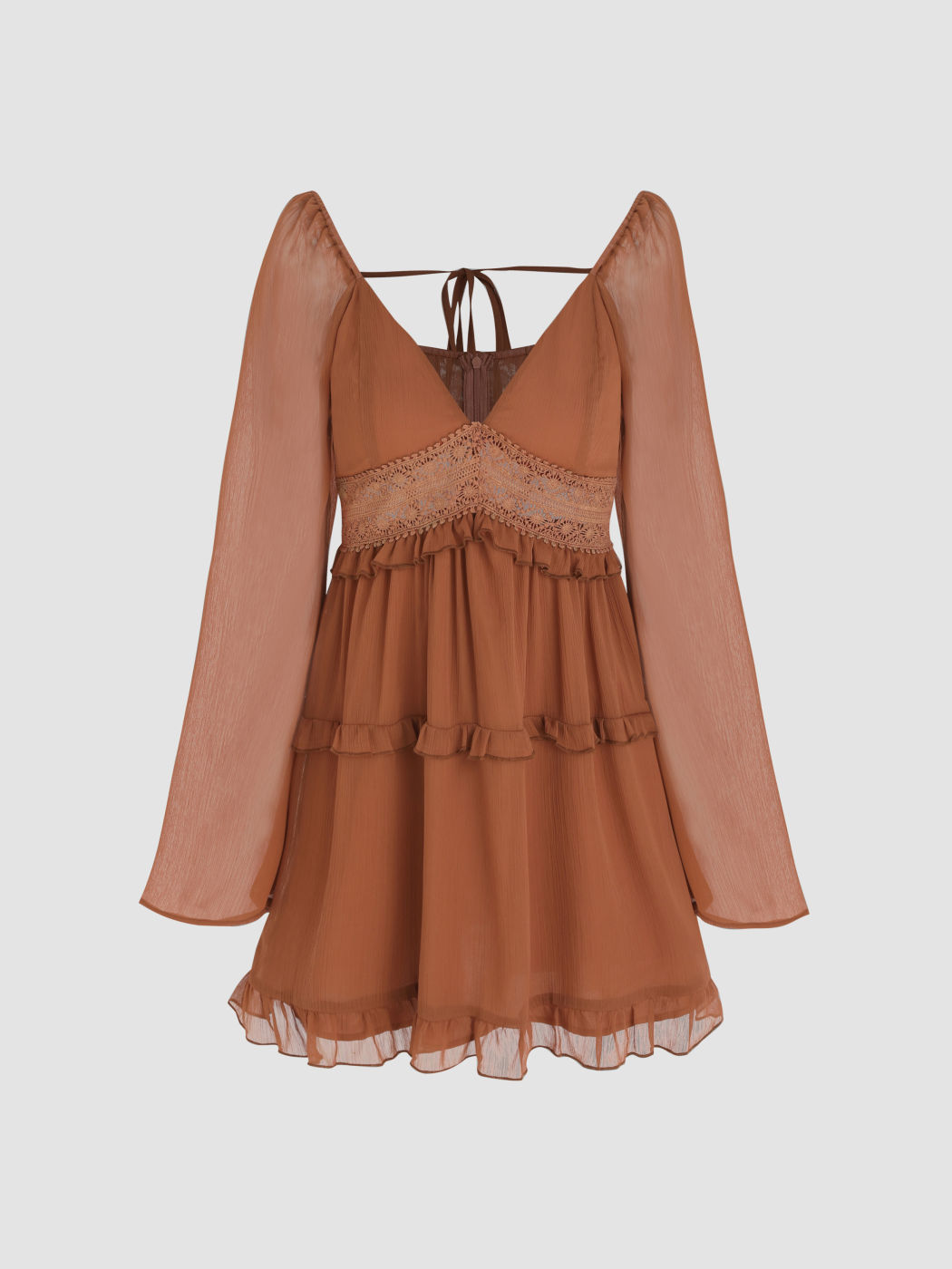 Solid Lace Trim Ruffle Hollow Out Mini Dress