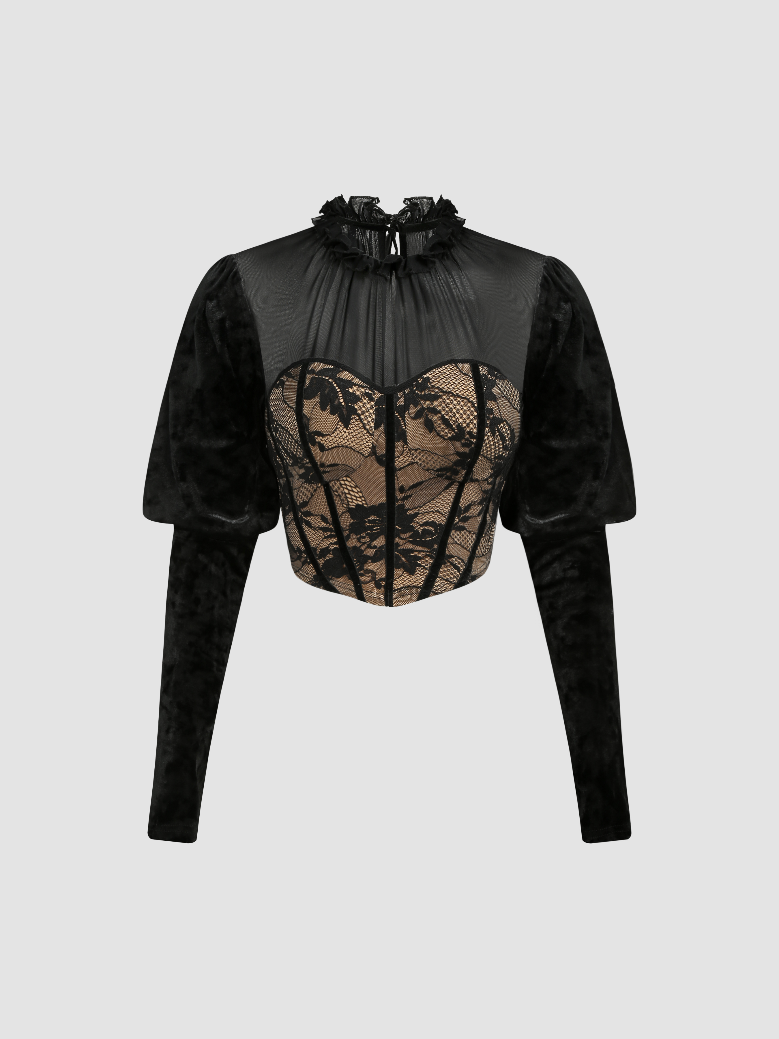 Floral Lace Long Sleeve Crop Top - Cider