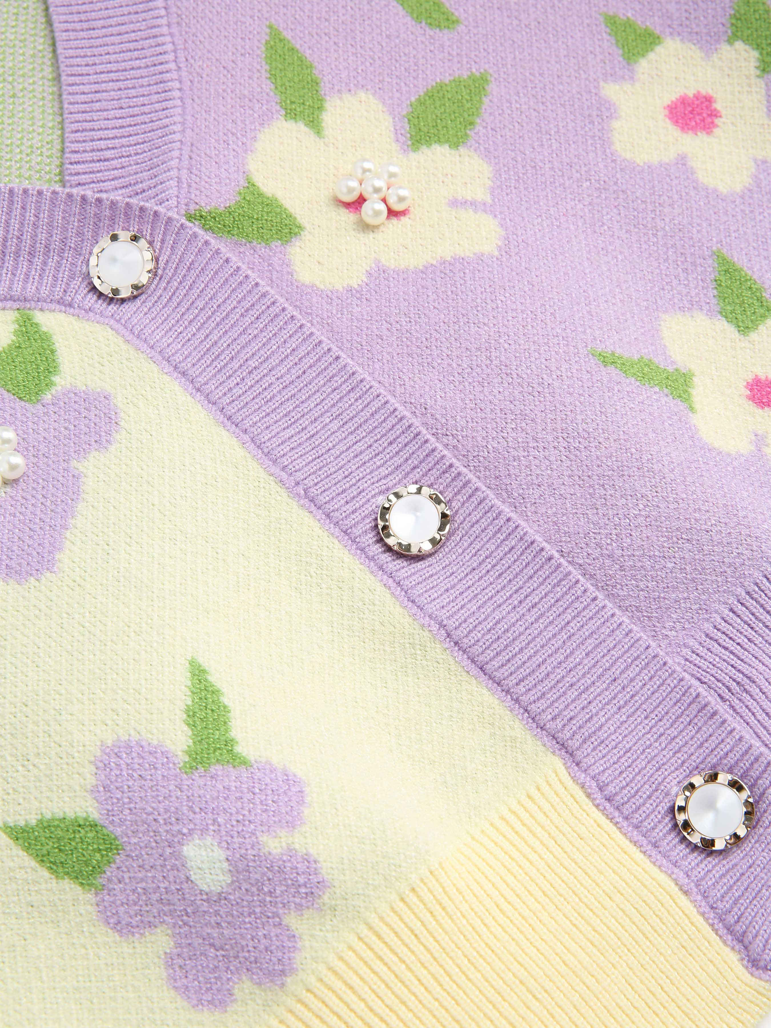 Floral Cardigan Knit Fabric Two Tone Button Up Floral Faux Pearl