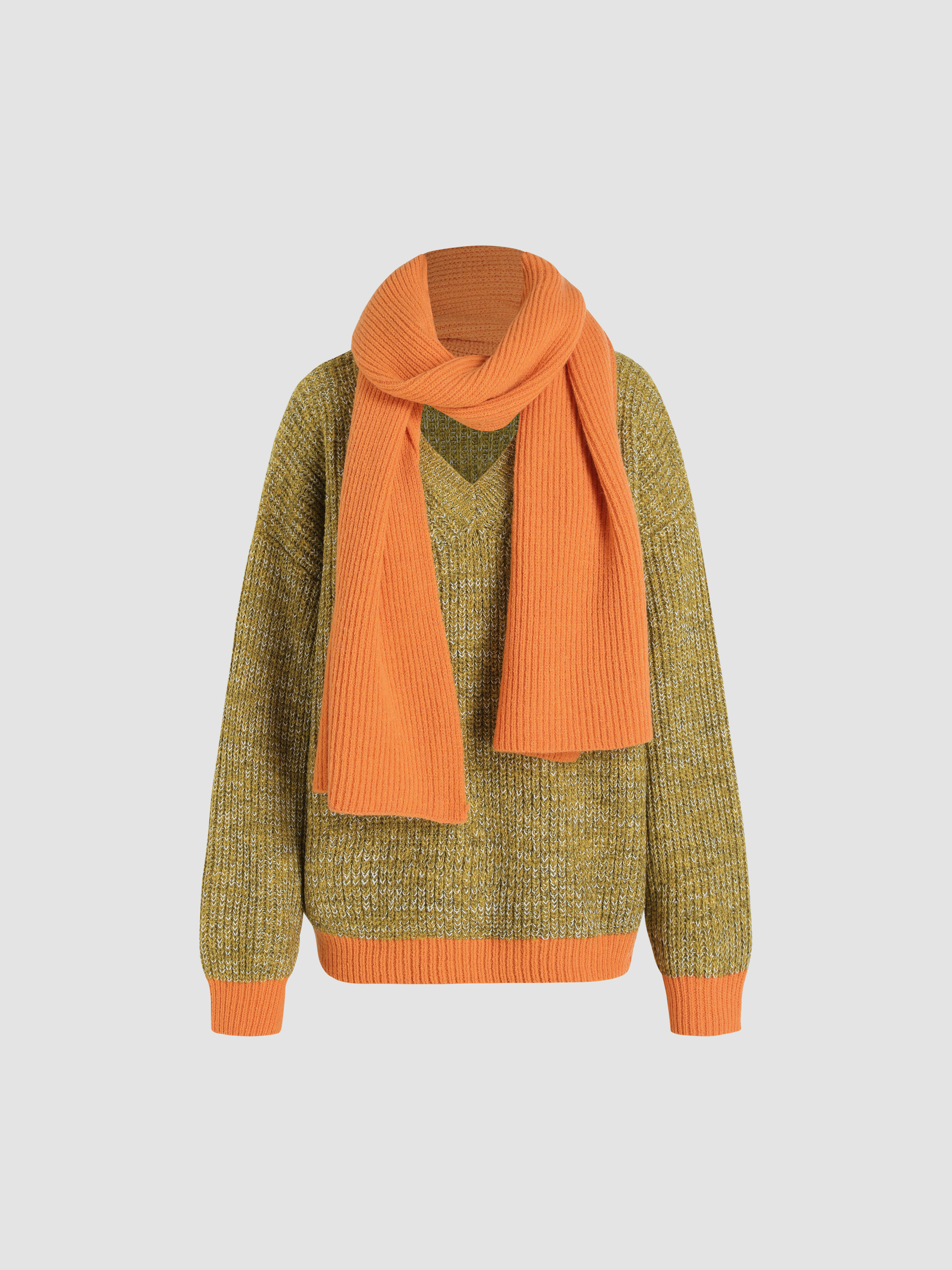 Wool blend V neck Contrasting Sweater With Scarf Cider