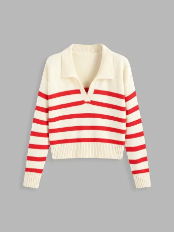 Striped Collar Knit Polo Top