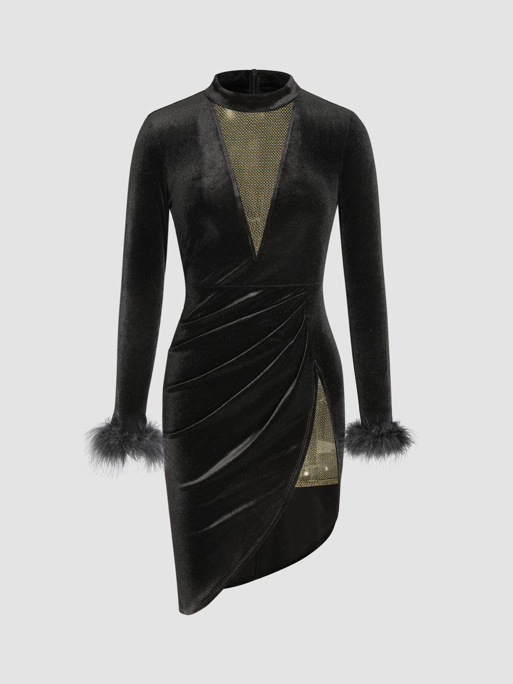 Geteiltes Midikleid aus Samt mit Kunstpelzbesatz