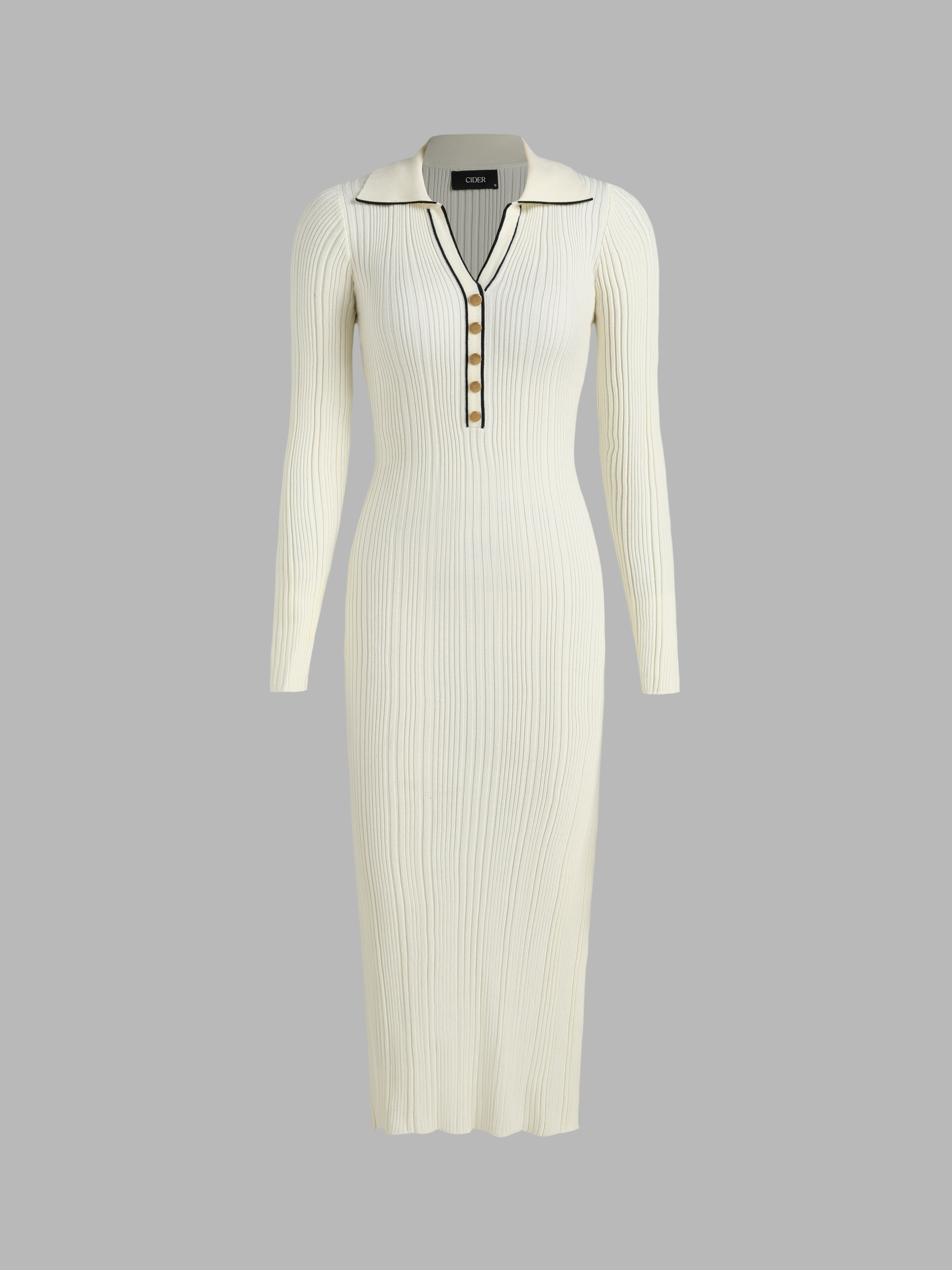 Polo Collar Buttoned Bodycon Maxi Knit Shirt Dress