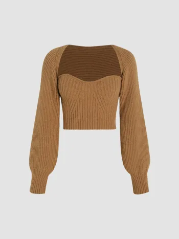 Top corto a maniche lunghe in maglia a costine in due pezzi