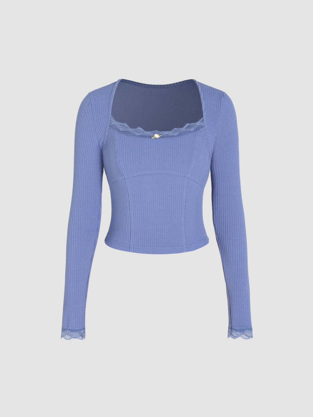 Solid Lace Trim Square Neck Knitted Tee