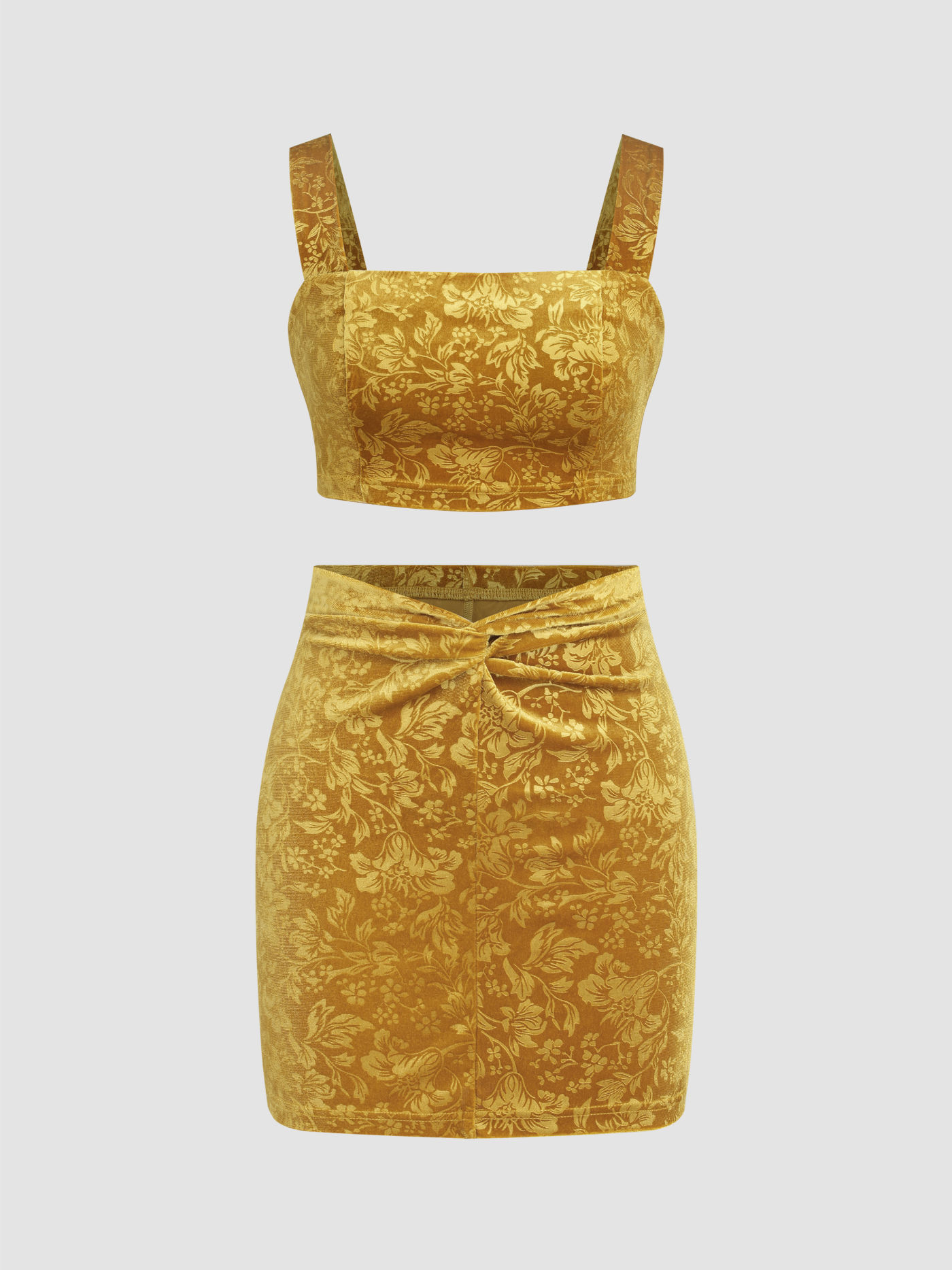 Samt-Blumen-Crop-Top und verdrehter Minirock im Set