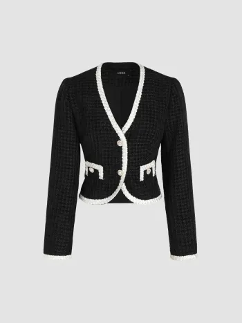  Tweed V-Ausschnitt Kontrastknopf Crop Jacke