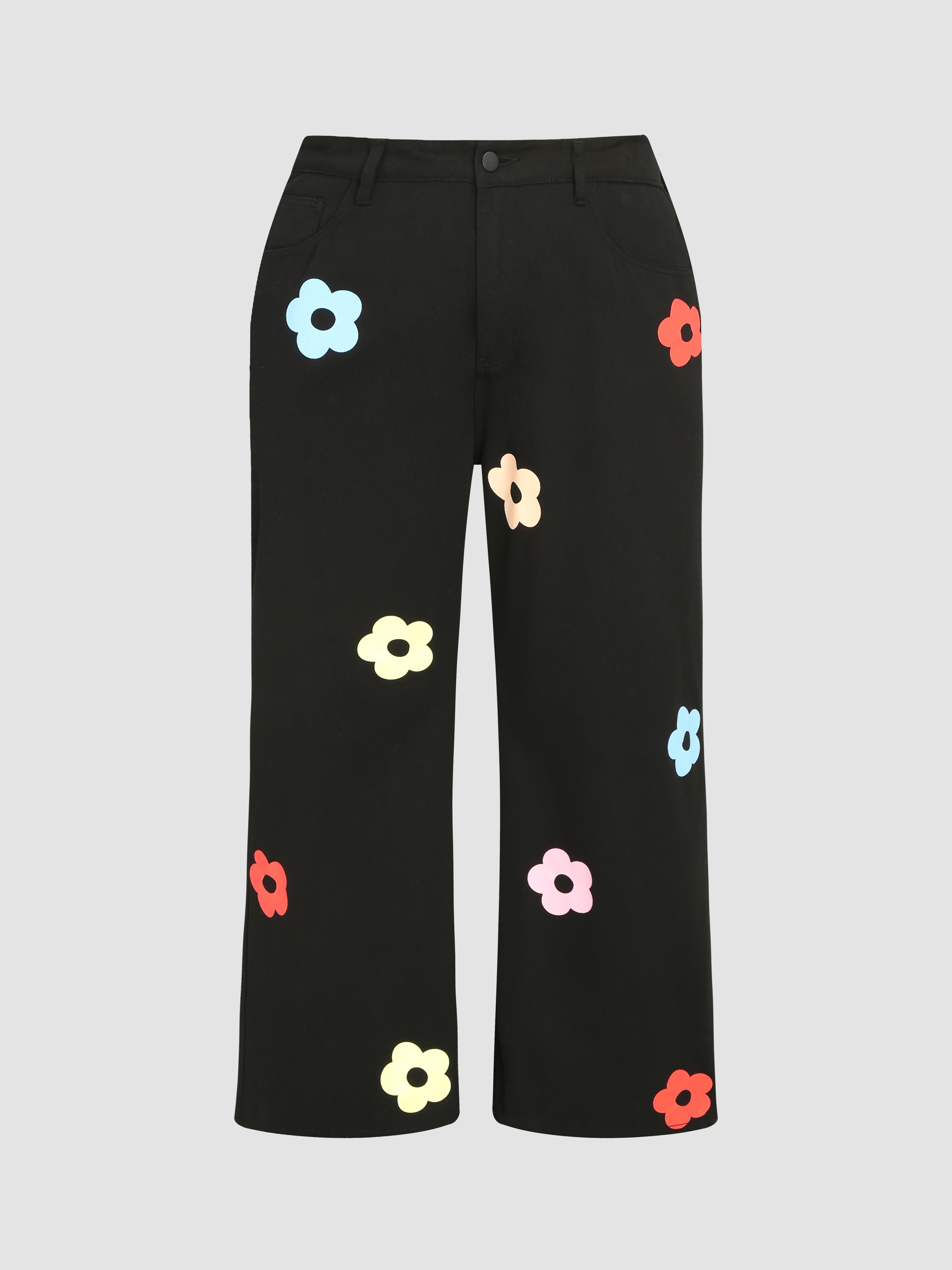 Floral Embellished Raw Detail Wide Leg Jeans