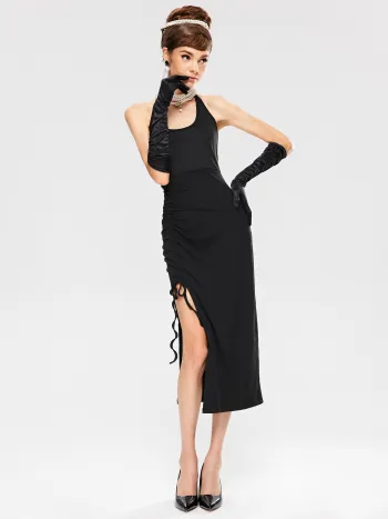 Solid Rib Ruched Midi Dress