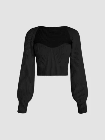 Zwei-Teiliges Rippenstrick-Langarm-Crop-Top