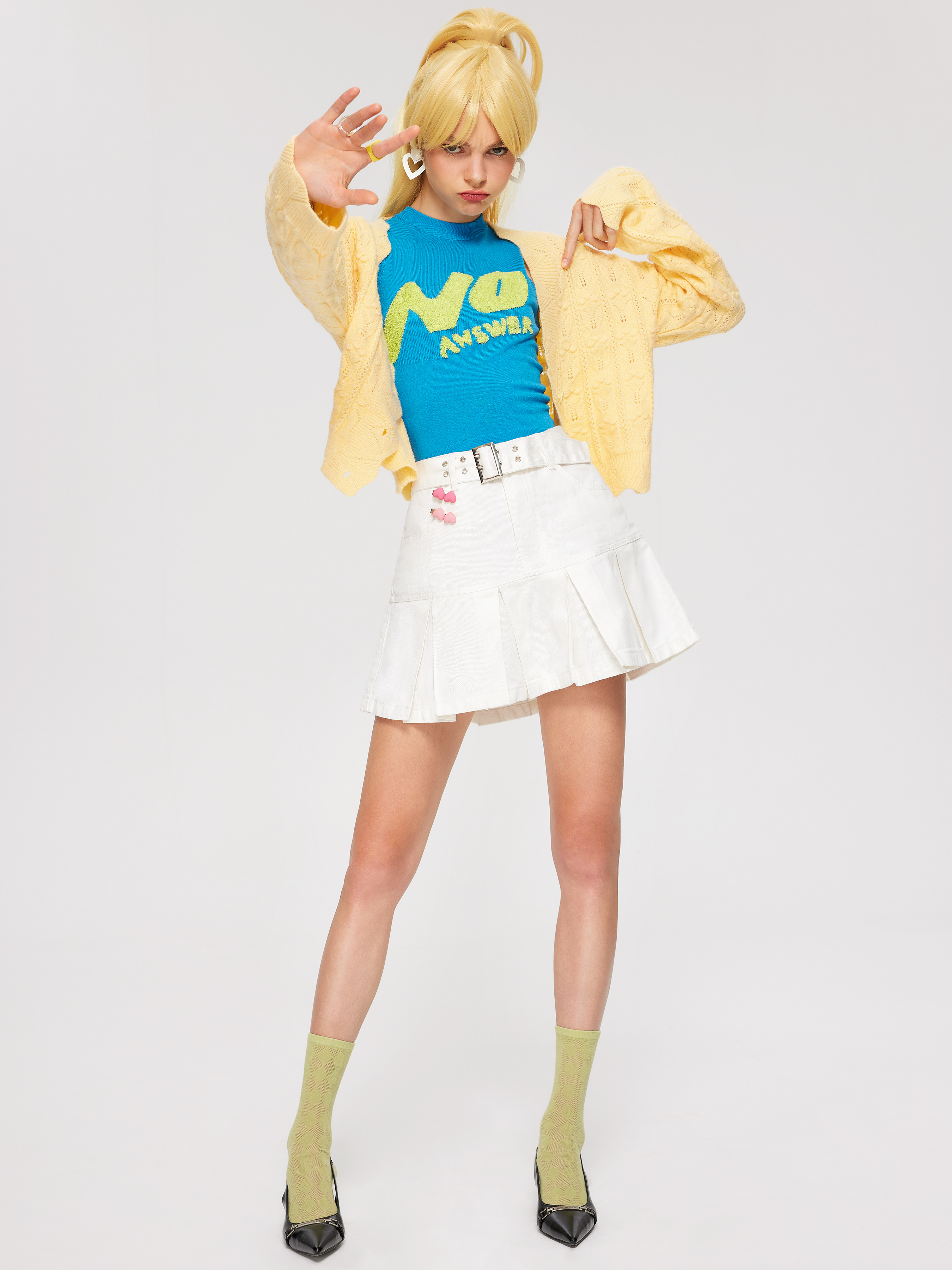 Denim Solid Pleated Mini Skirt With Belt For Daily Casual