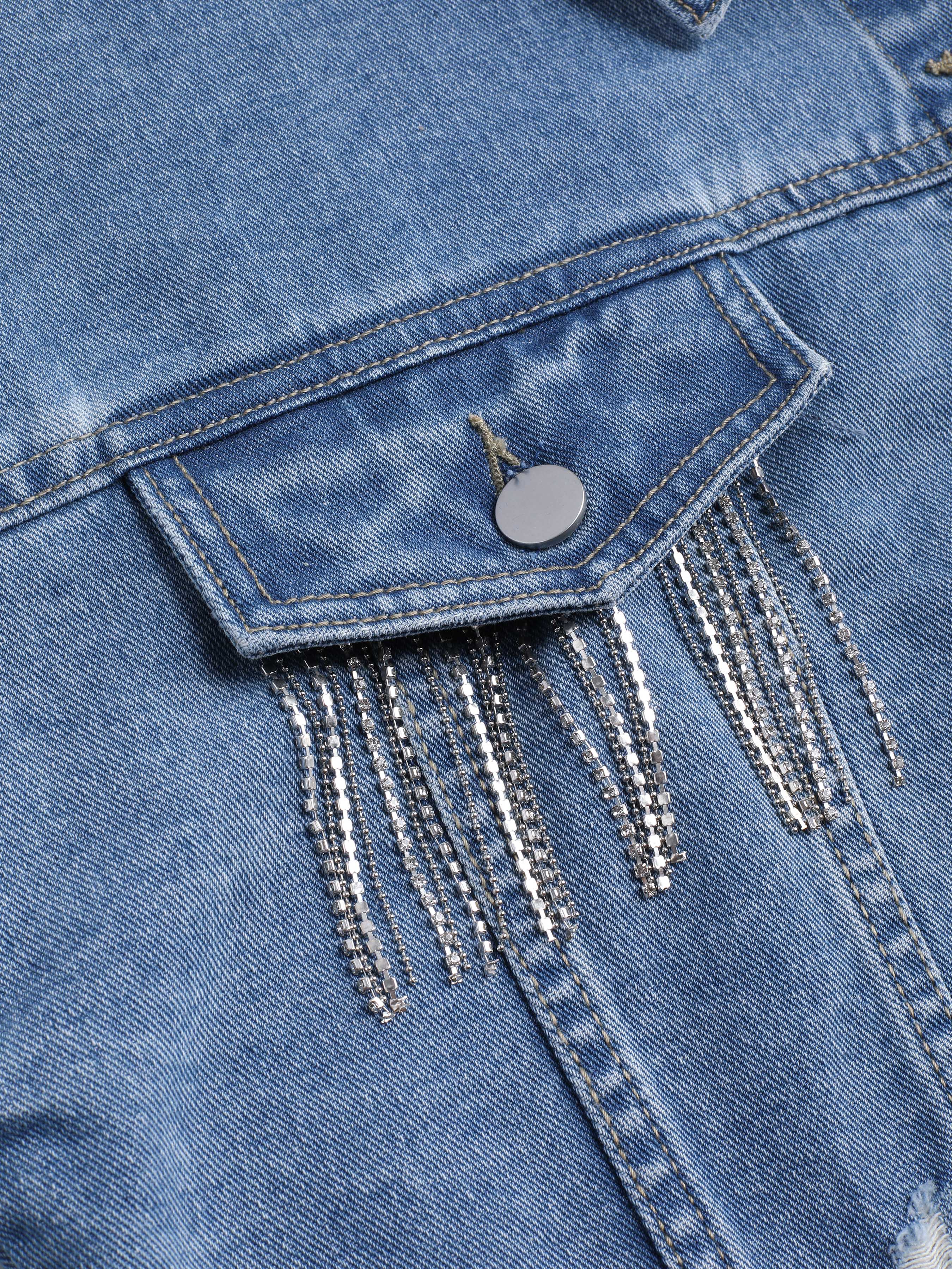 FAE - Veste en jean courte avec frange à strass - Bleu délavé