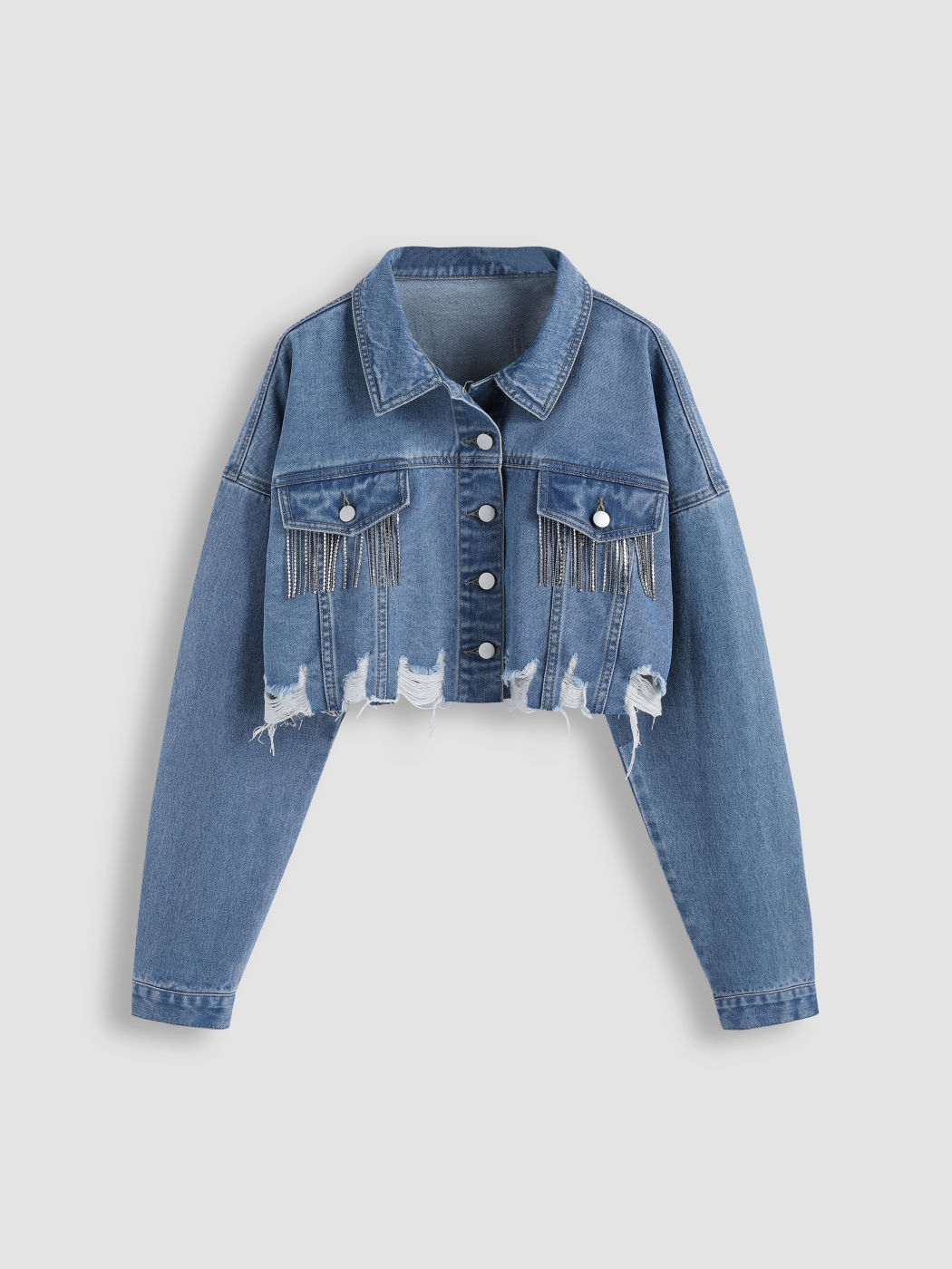 Zerrissene Crop-Jeansjacke mit Strassfransen