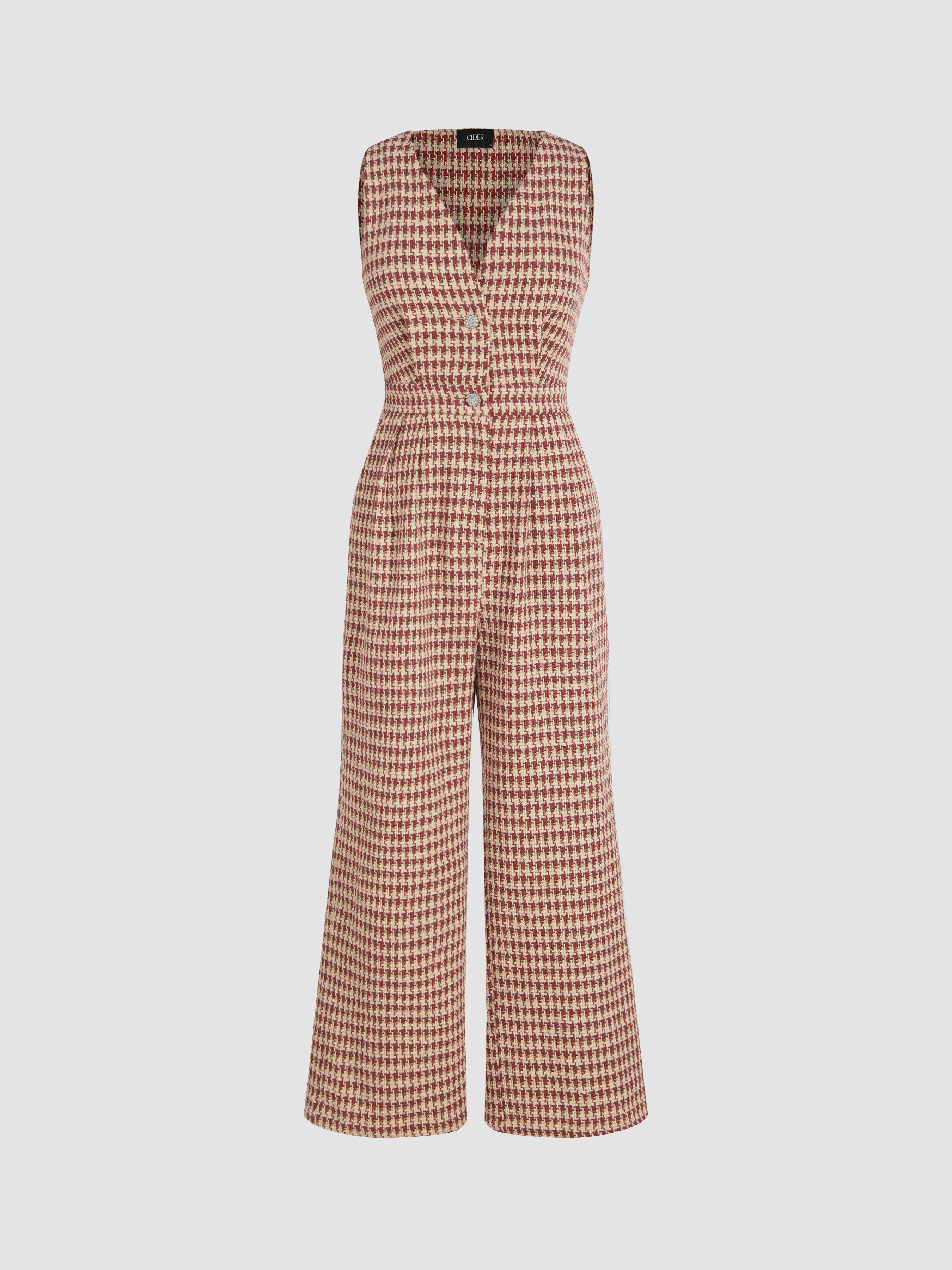 Tweed Vneck Check Wide Leg Jumpsuit Cider