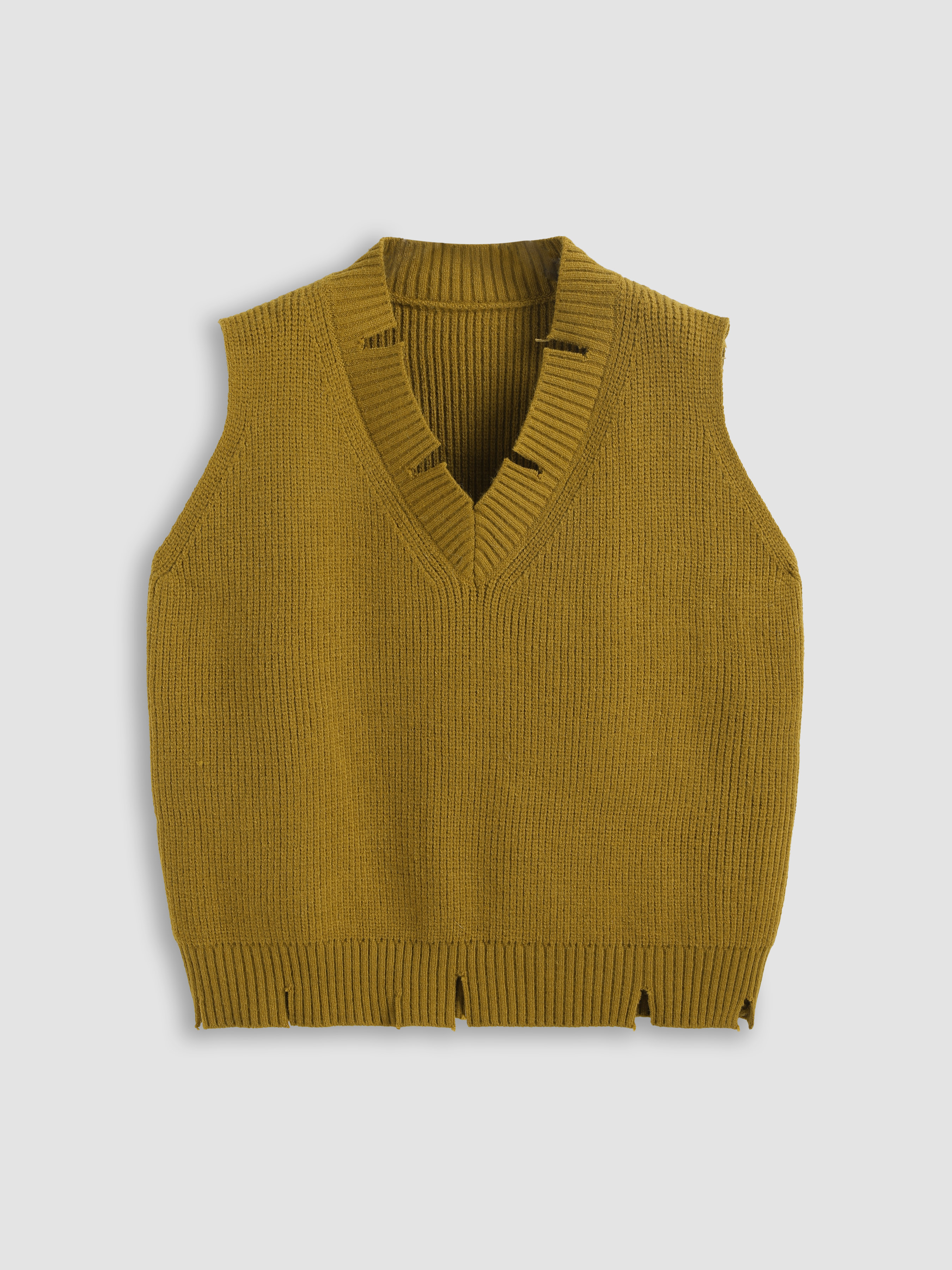 Solid Ripped V-neck Knit Vest - Cider