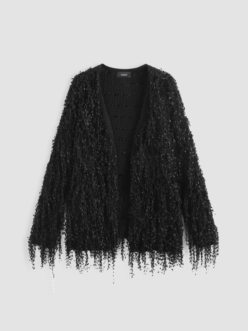Einfarbige, zottelige Strickjacke mit V-Ausschnitt und Fransen