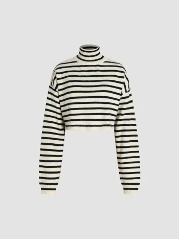 Striped High Neck Oversized Crop Sweater