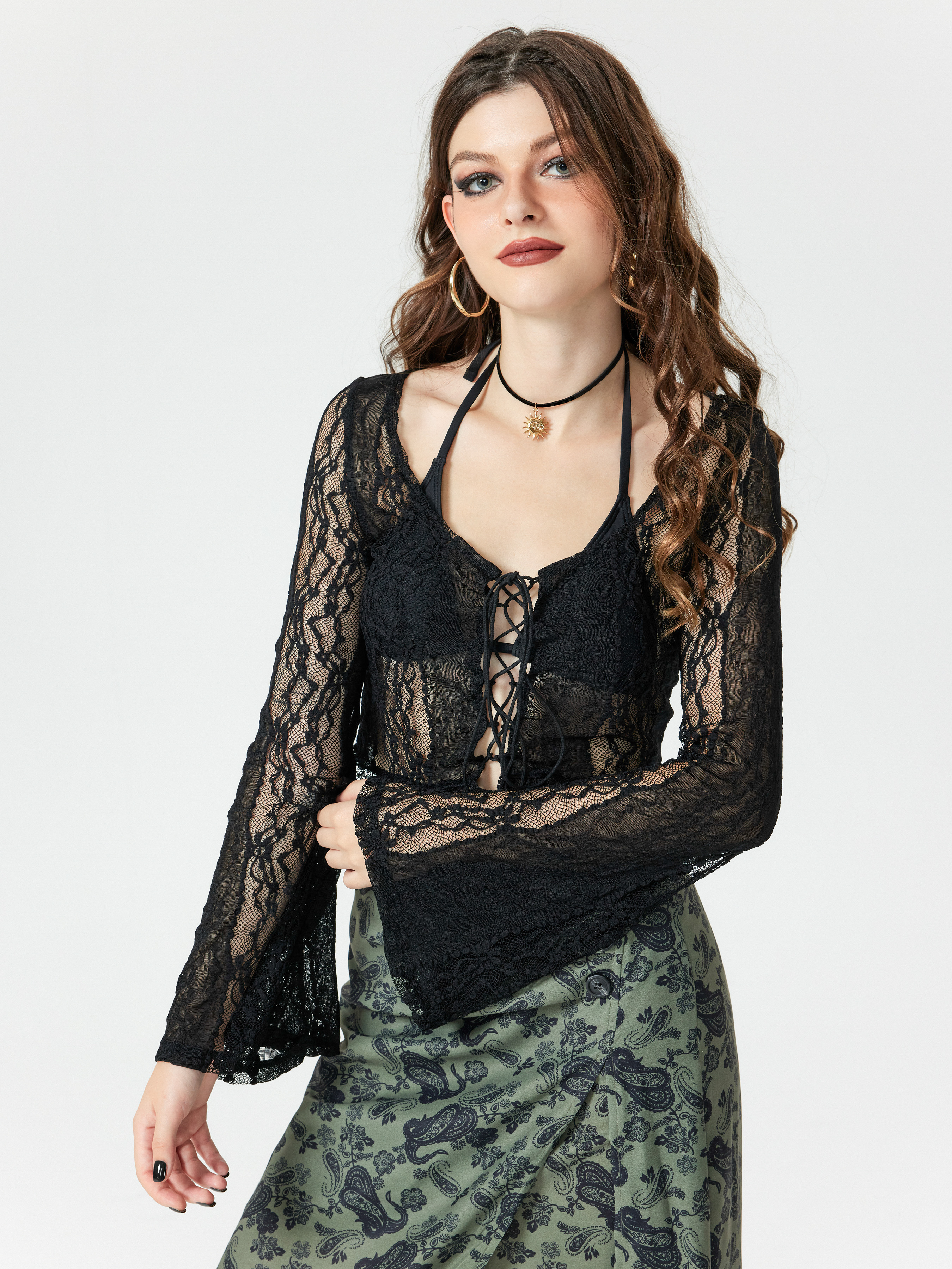 Lace Floral Lace Up Crop Top