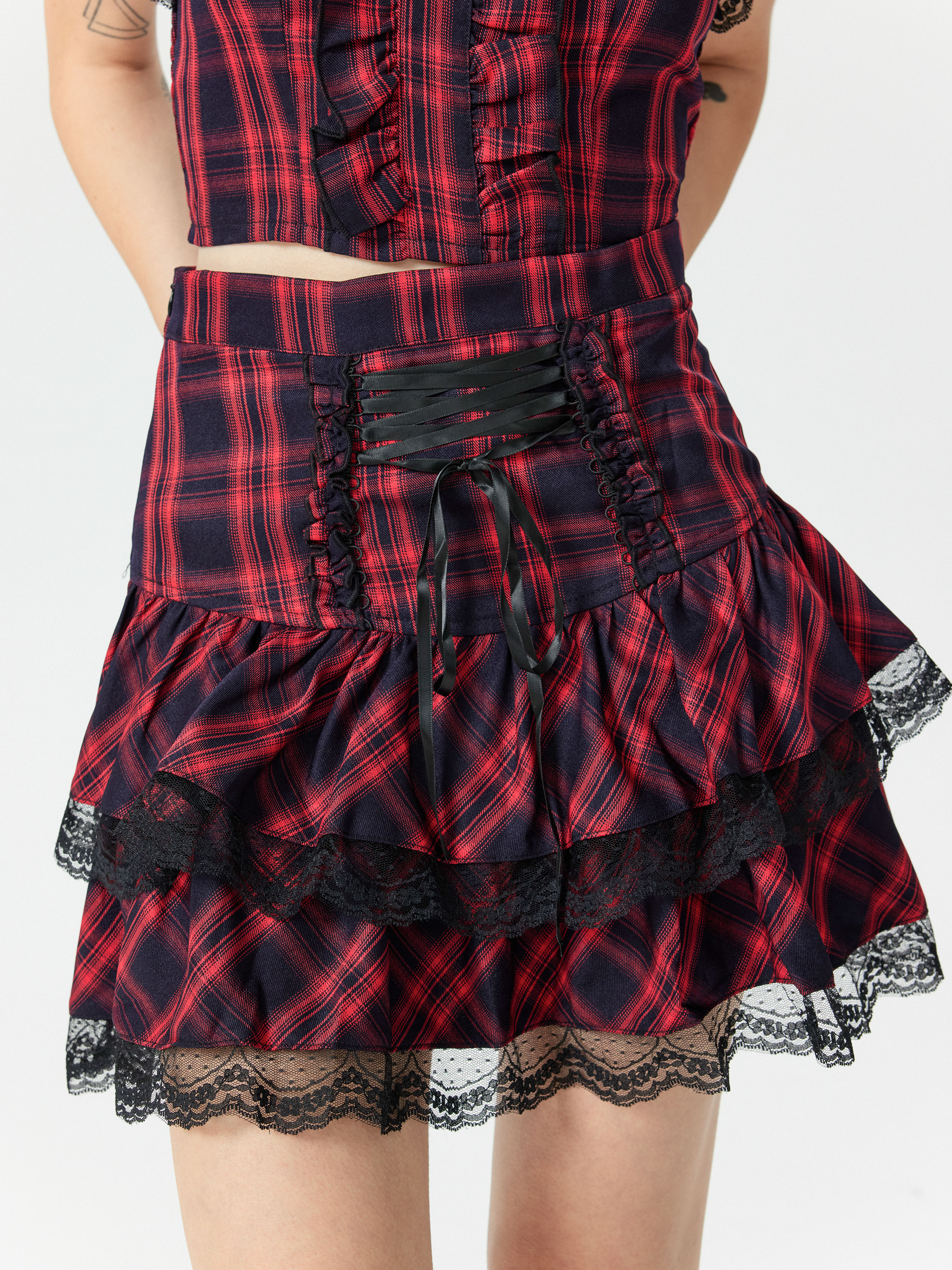 【mnem】Letem Check Layered Skirt Check Lace Layered Mini Skirt