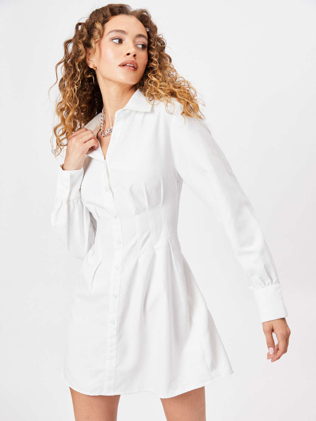 Woven Button Up Collar Long Sleeve Mini Dress For Coffee Shop