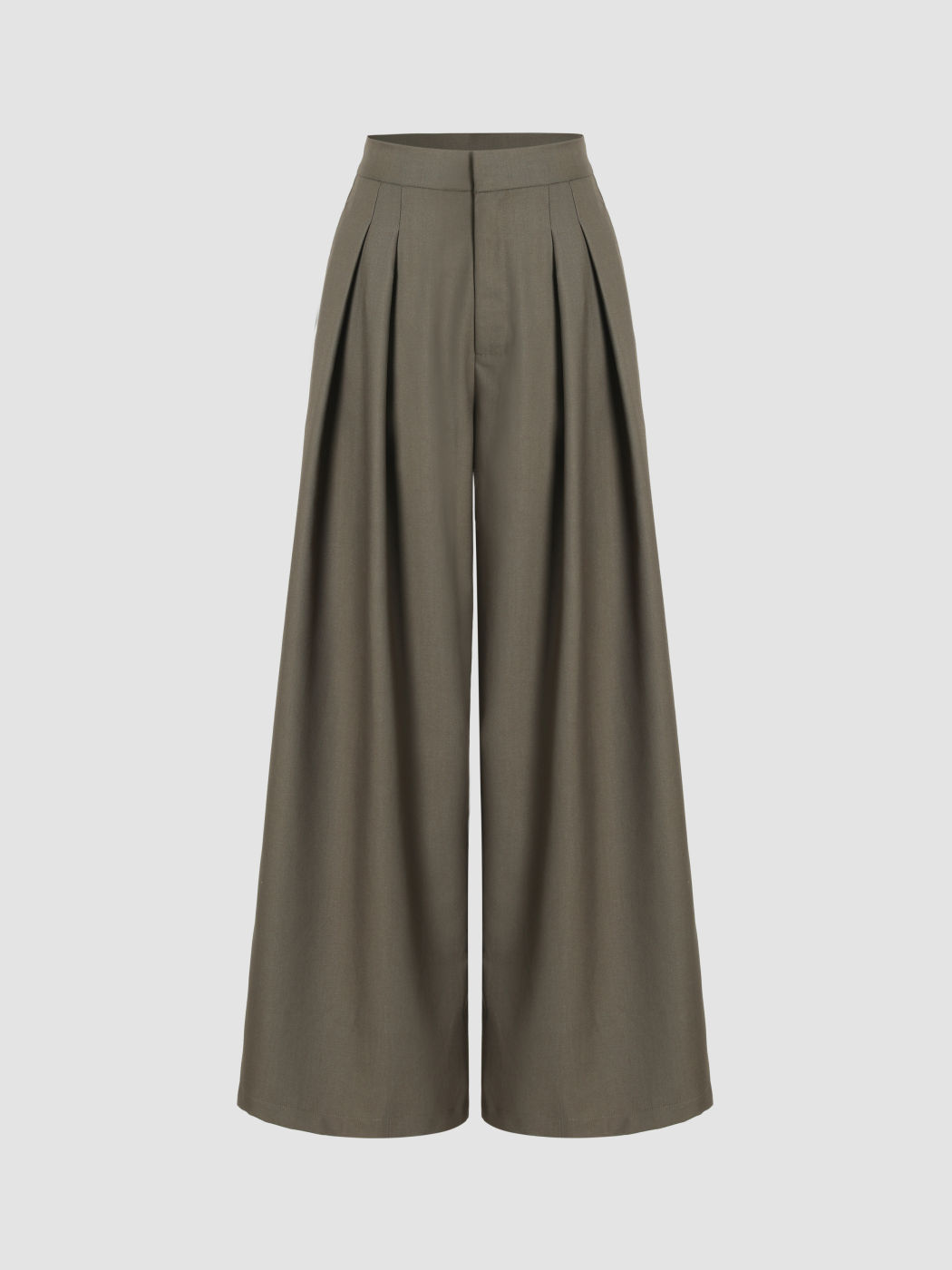 Solid Mid Waist Pleated Wide Leg Trousers