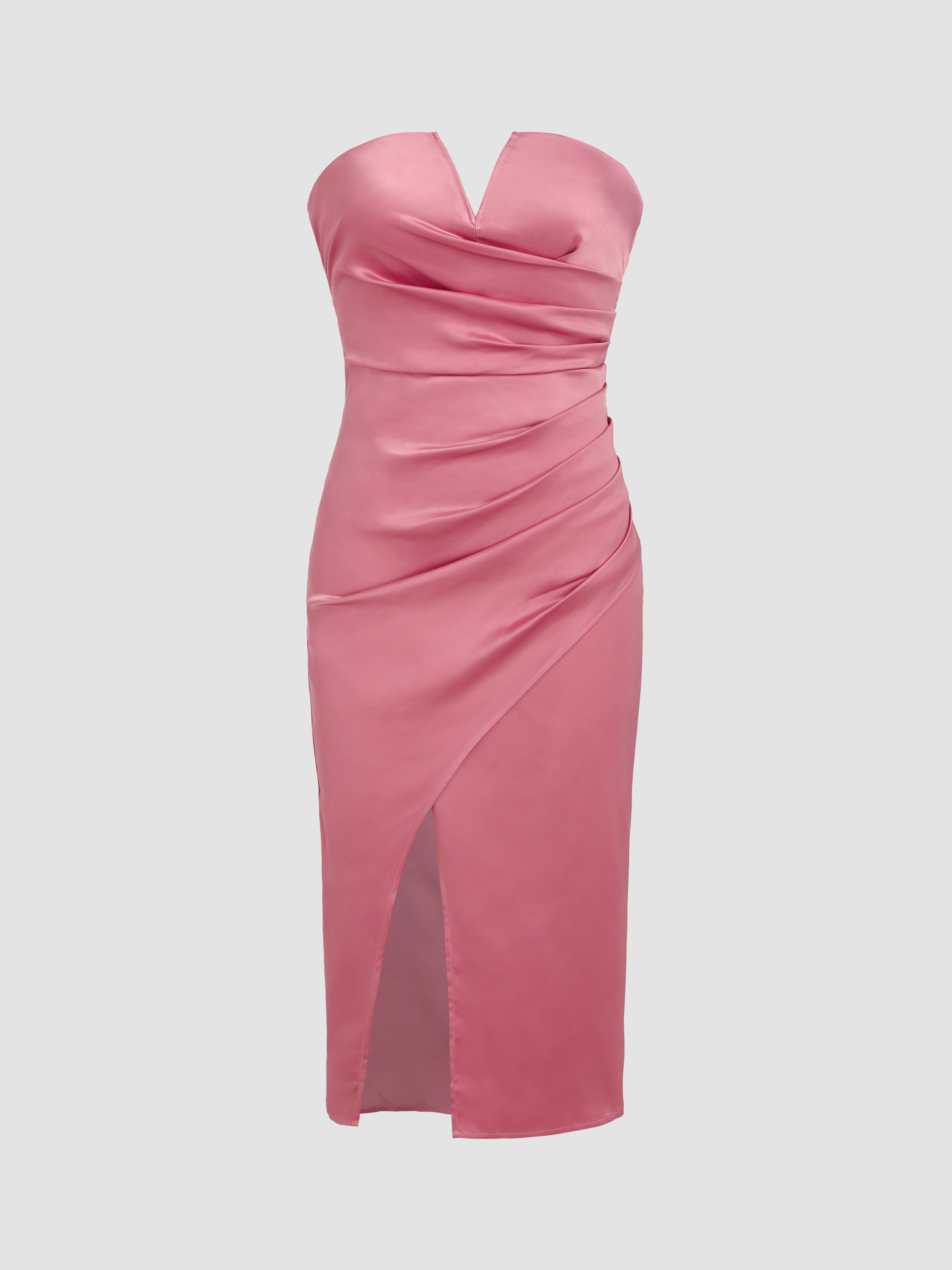 Pink Strapless Ruched Side Satin Long Dress