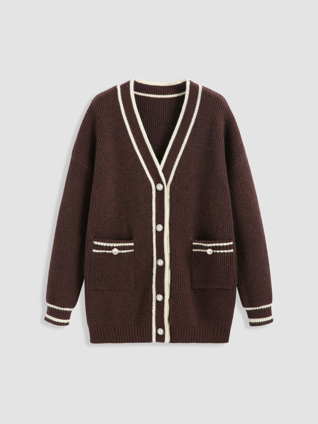 Contrasting V-neck Button Up Oversized Cardigan