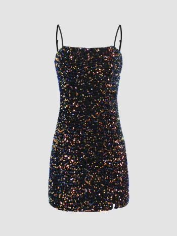 Pailletten-Cami-Split Kurzes Kleid