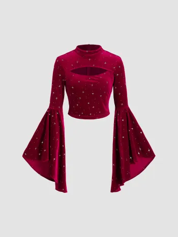 Samt Sternenmuster Glockenärmel Crop Top
