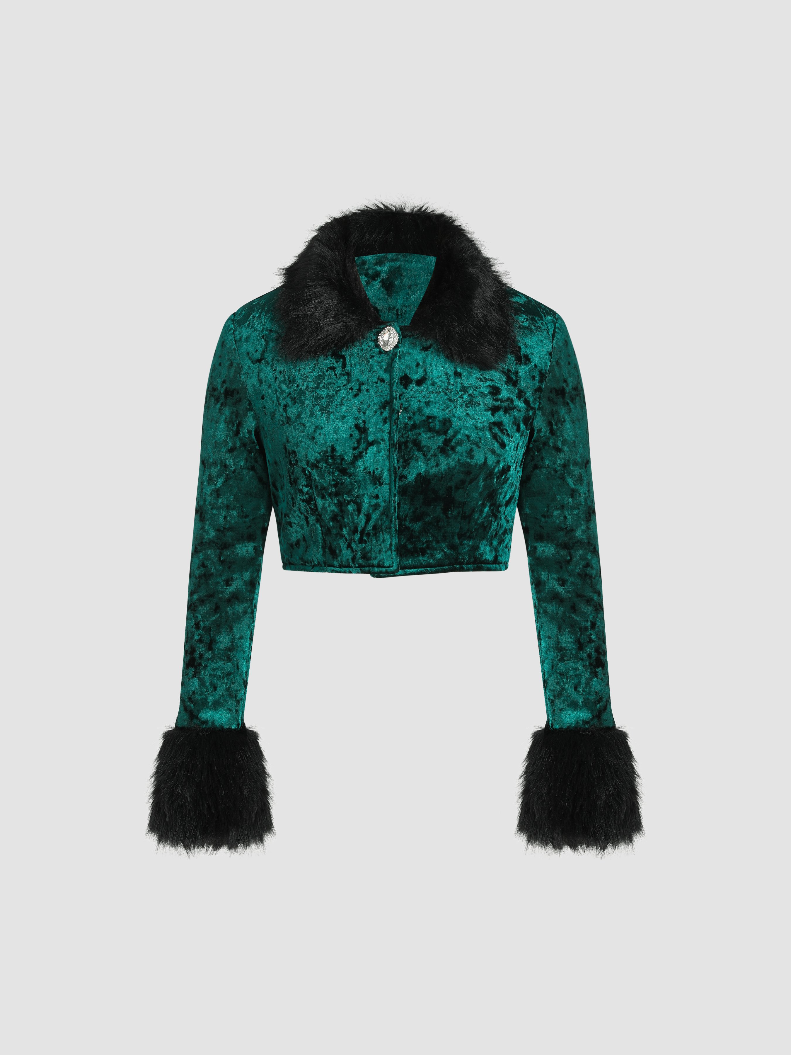 Velvet Faux Fur Collar Crop Jacket