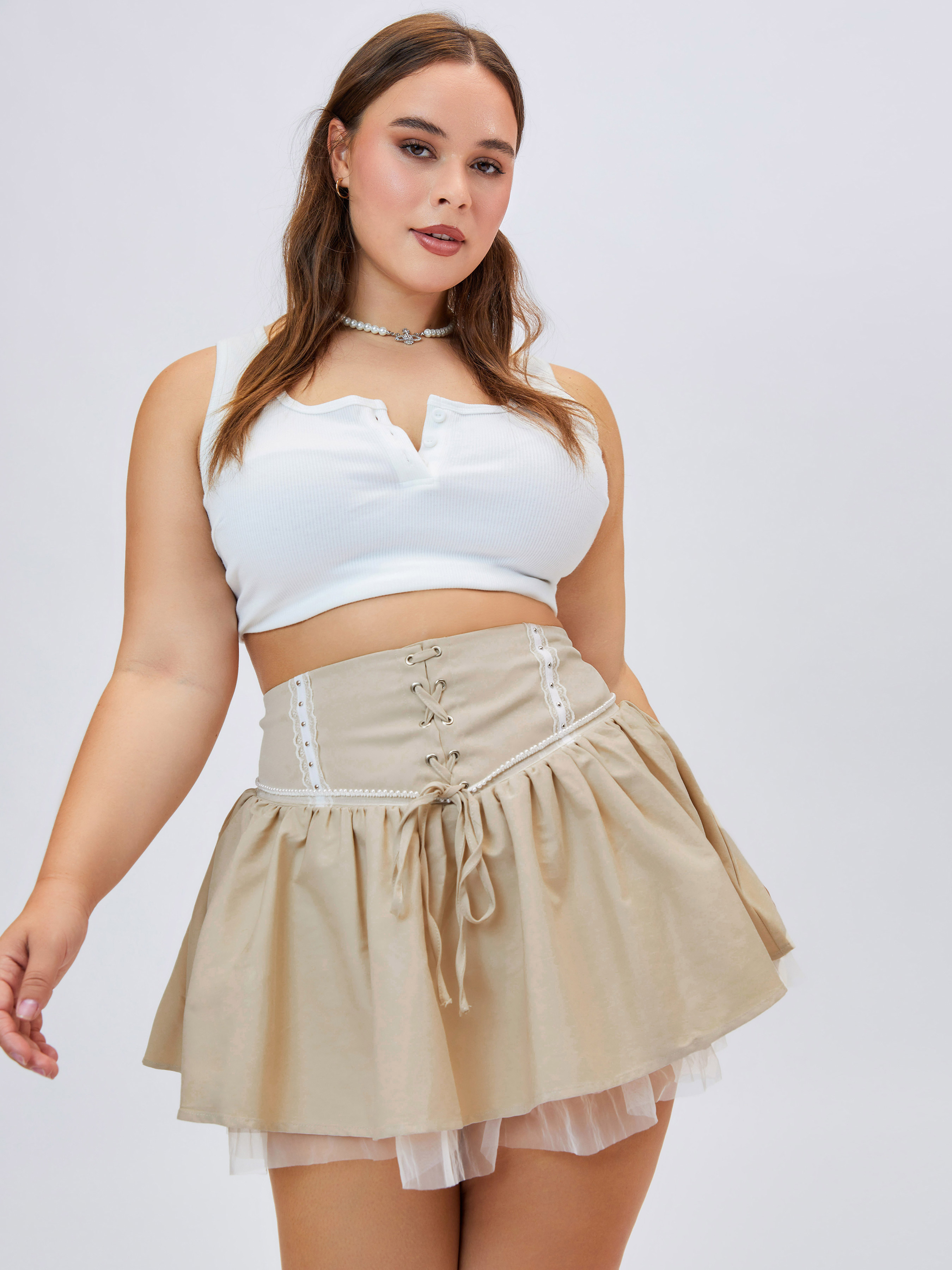 Lace Trim Drawstring Ruffle Skorts Curve & Plus Cider
