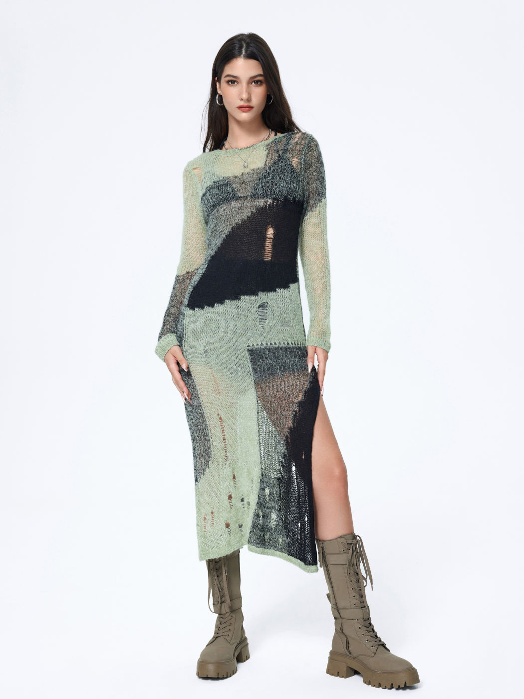 Strick-Patchwork-Reiß-Midikleid