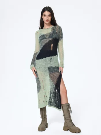 Knit Patchwork Ripped Midi Dress