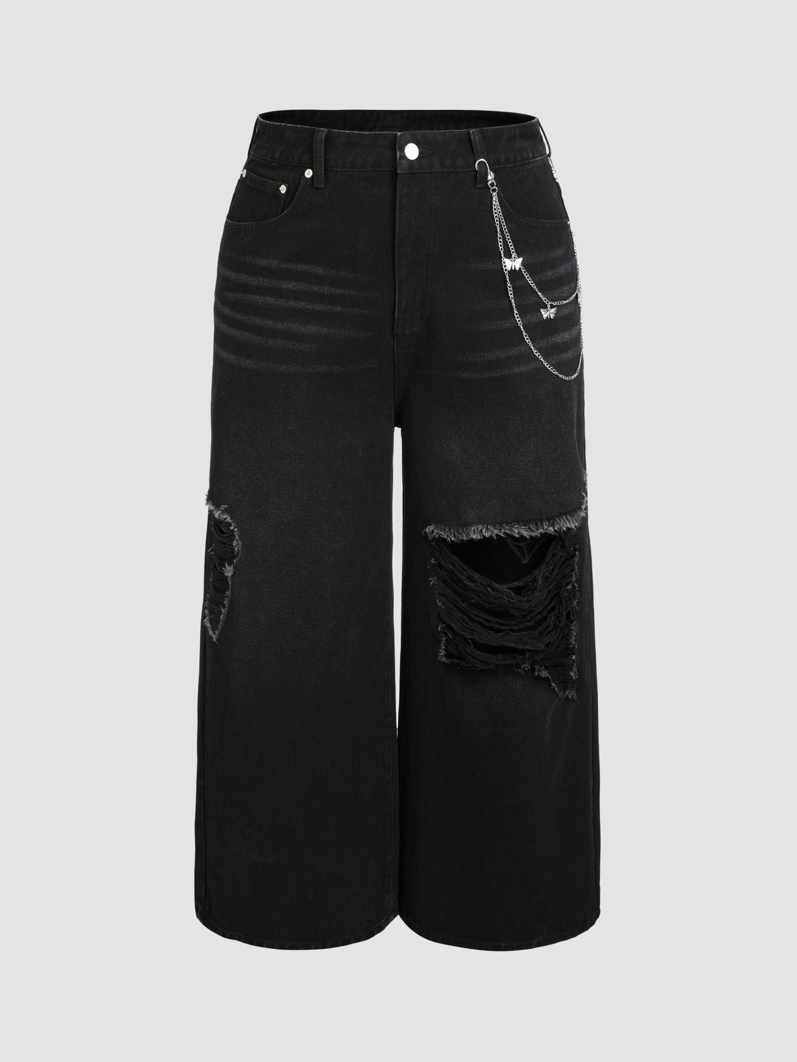 Ripped Jeans With Butterfly Chain Curve & Plus Cider