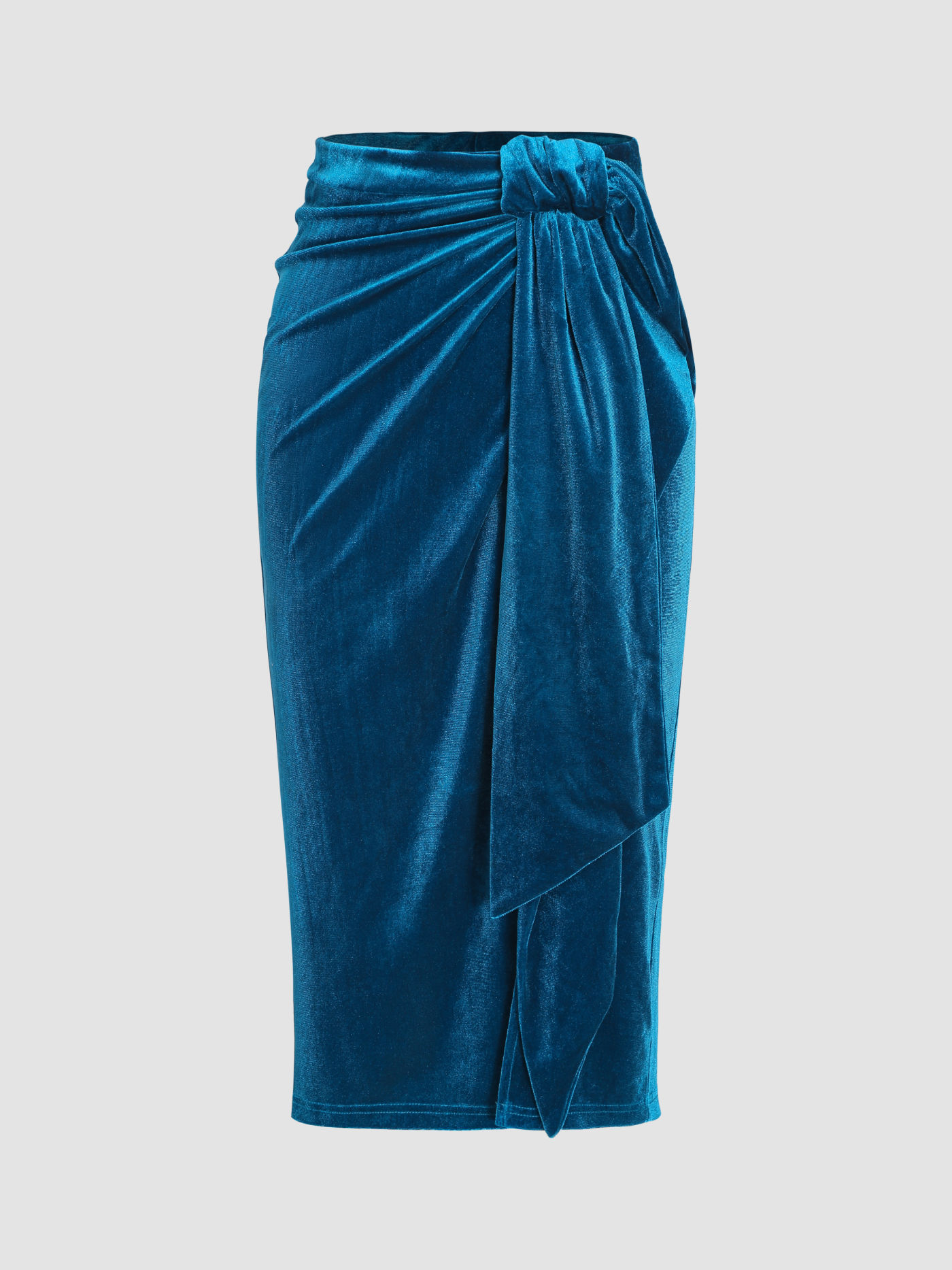 Velvet Solid Ruched Split Maxi Skirt