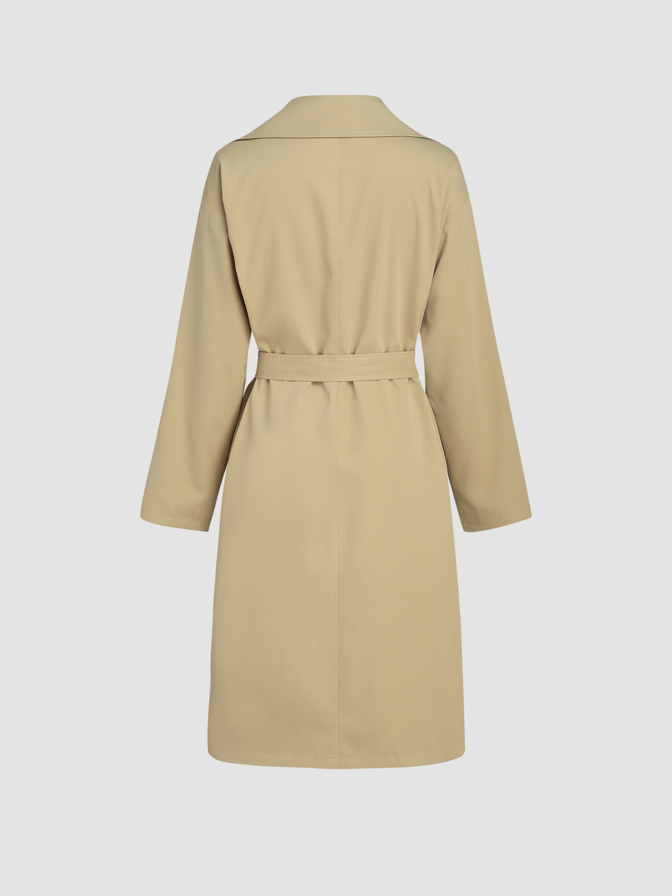 Woven Notched Collar Belted Trench Coat For Daily Casual