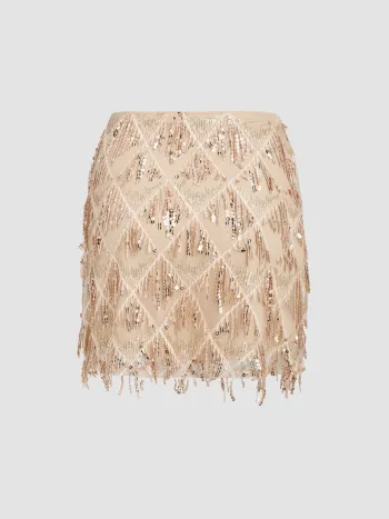 Sequins Tassel Mid Waist Mini Skirt