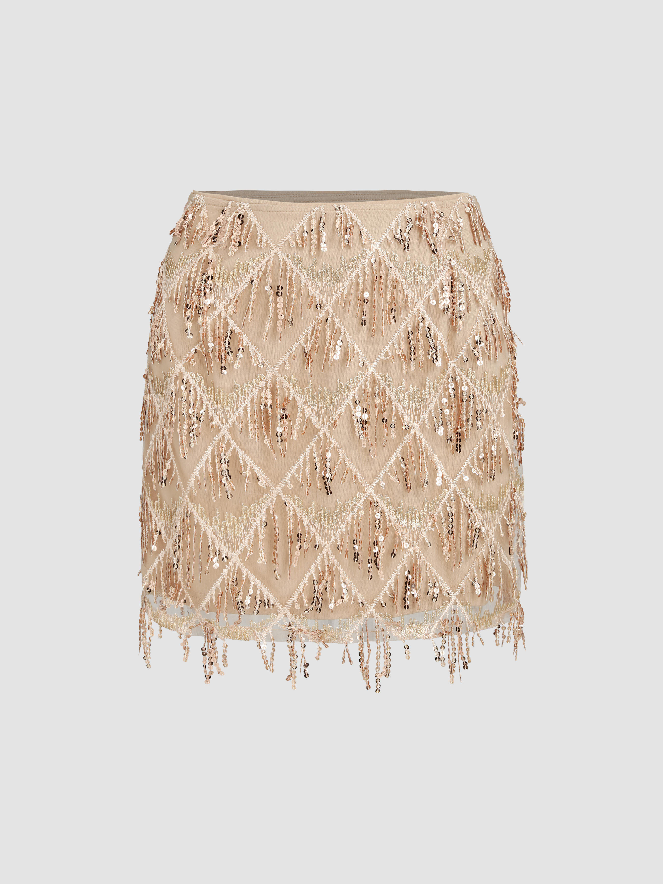Sequins Tassel Middle Waist Mini Skirt - Cider