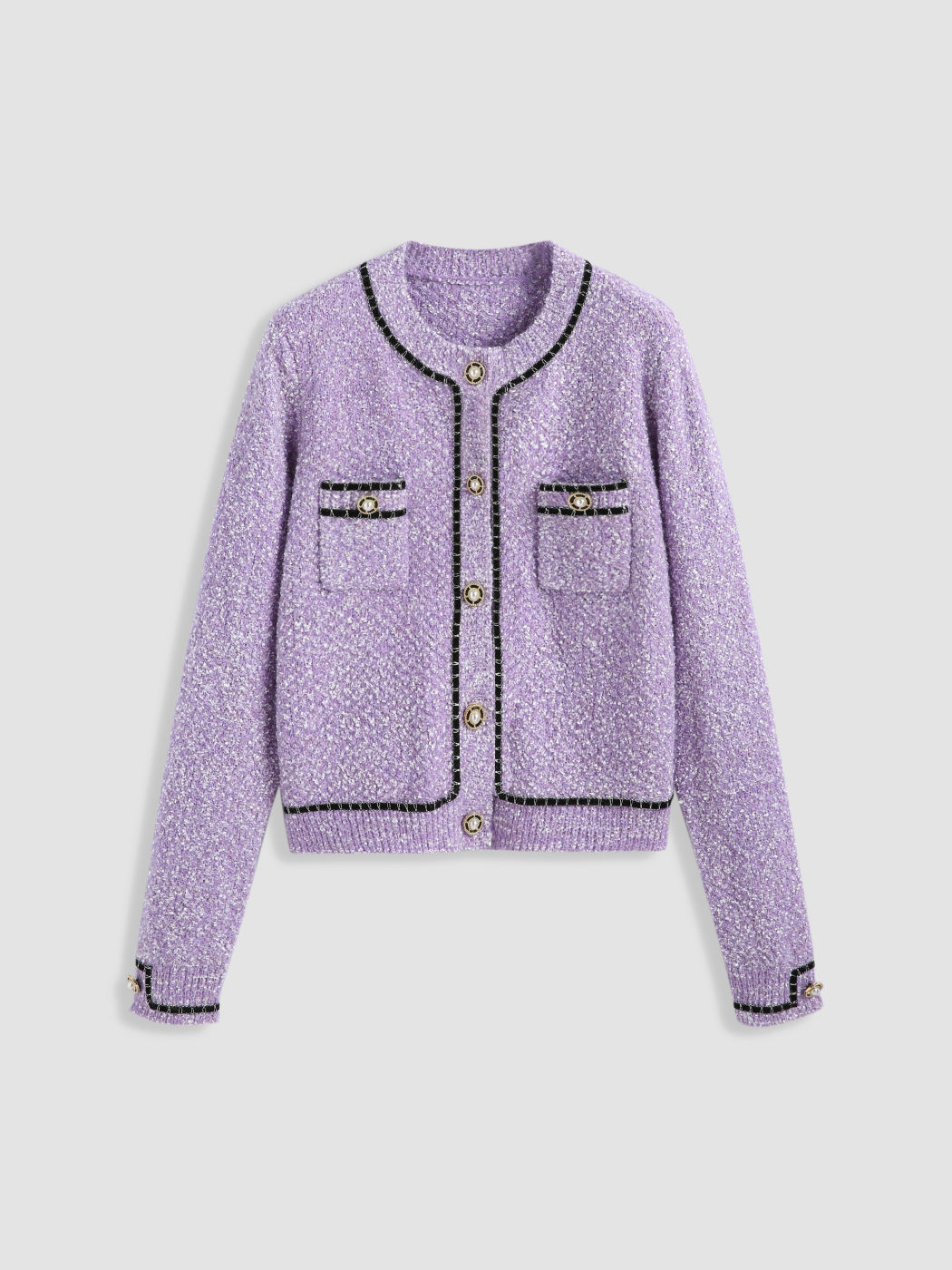  Kontrastierende Naht Perlenknopf Strickjacke