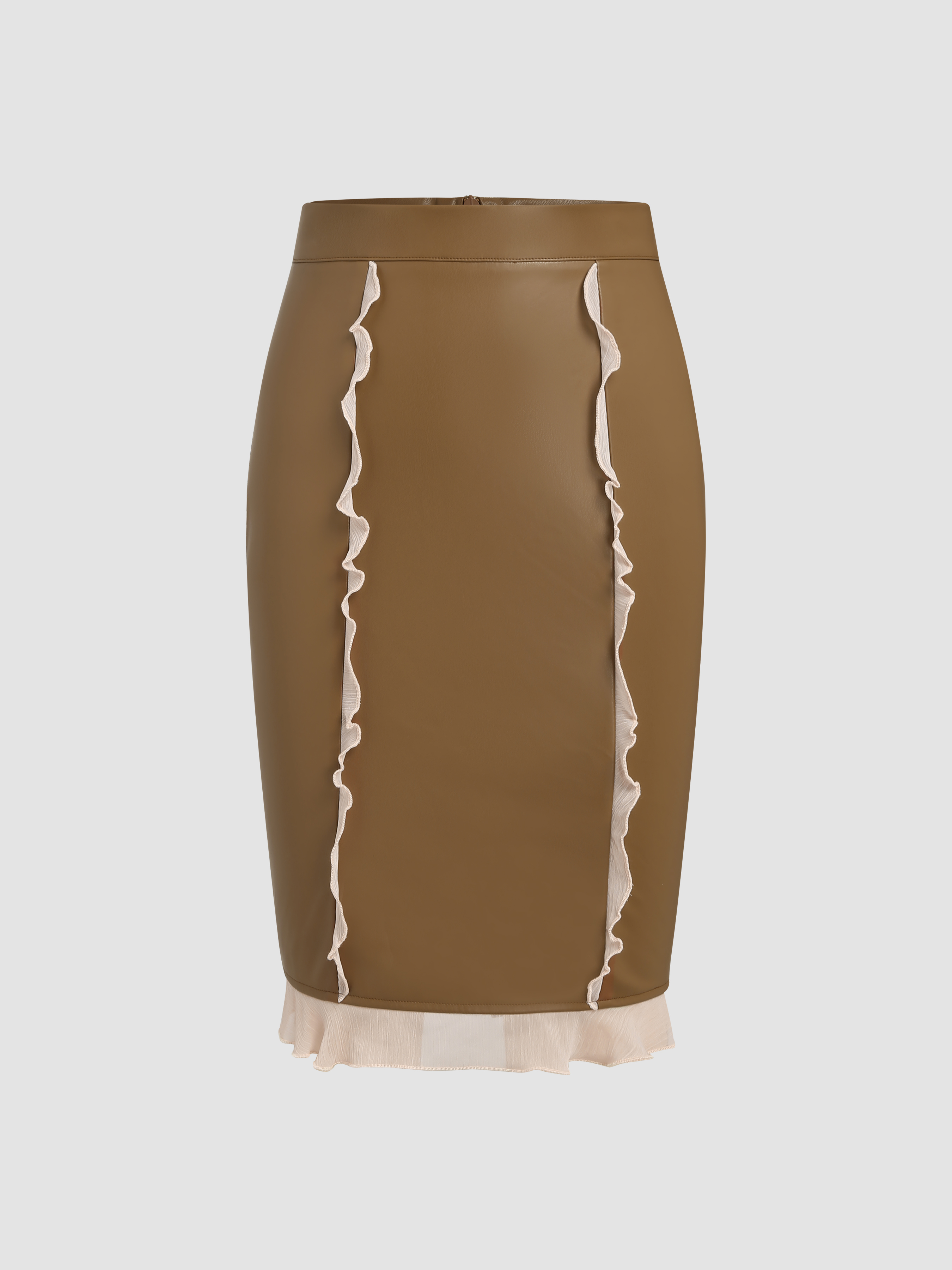 PU RuffleTrim Split Midi Skirt Cider